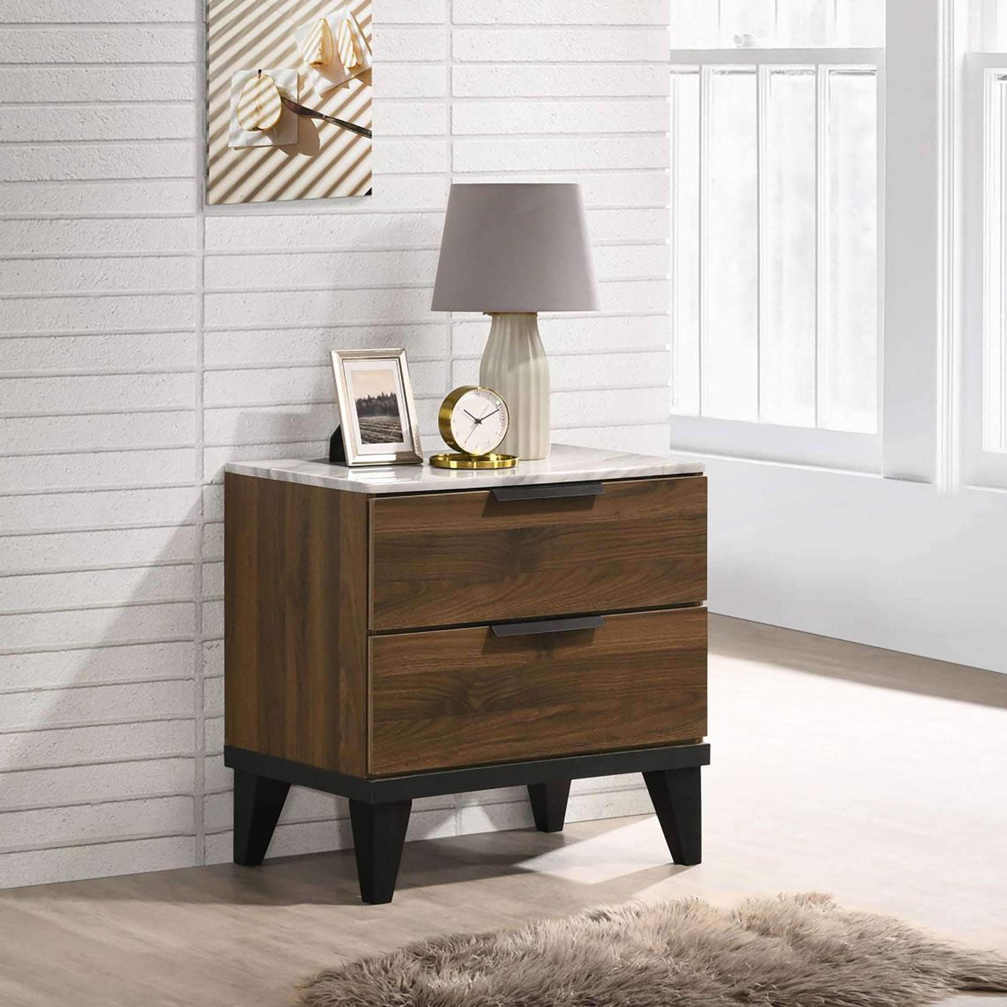 Walnut Brown 2-drawer Faux Marble Top Nightstand