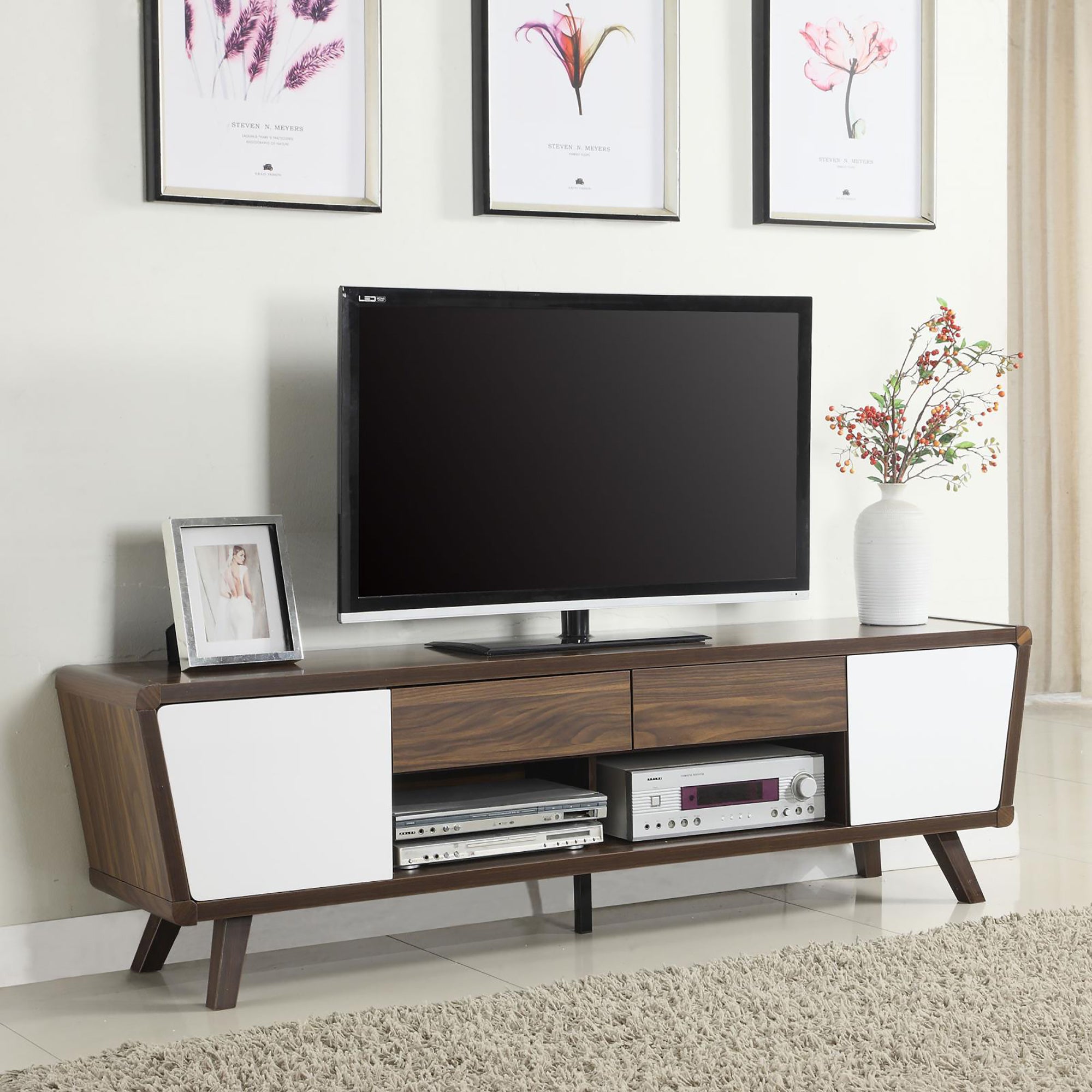 Dark Walnut and Glossy White 2-door TV Console