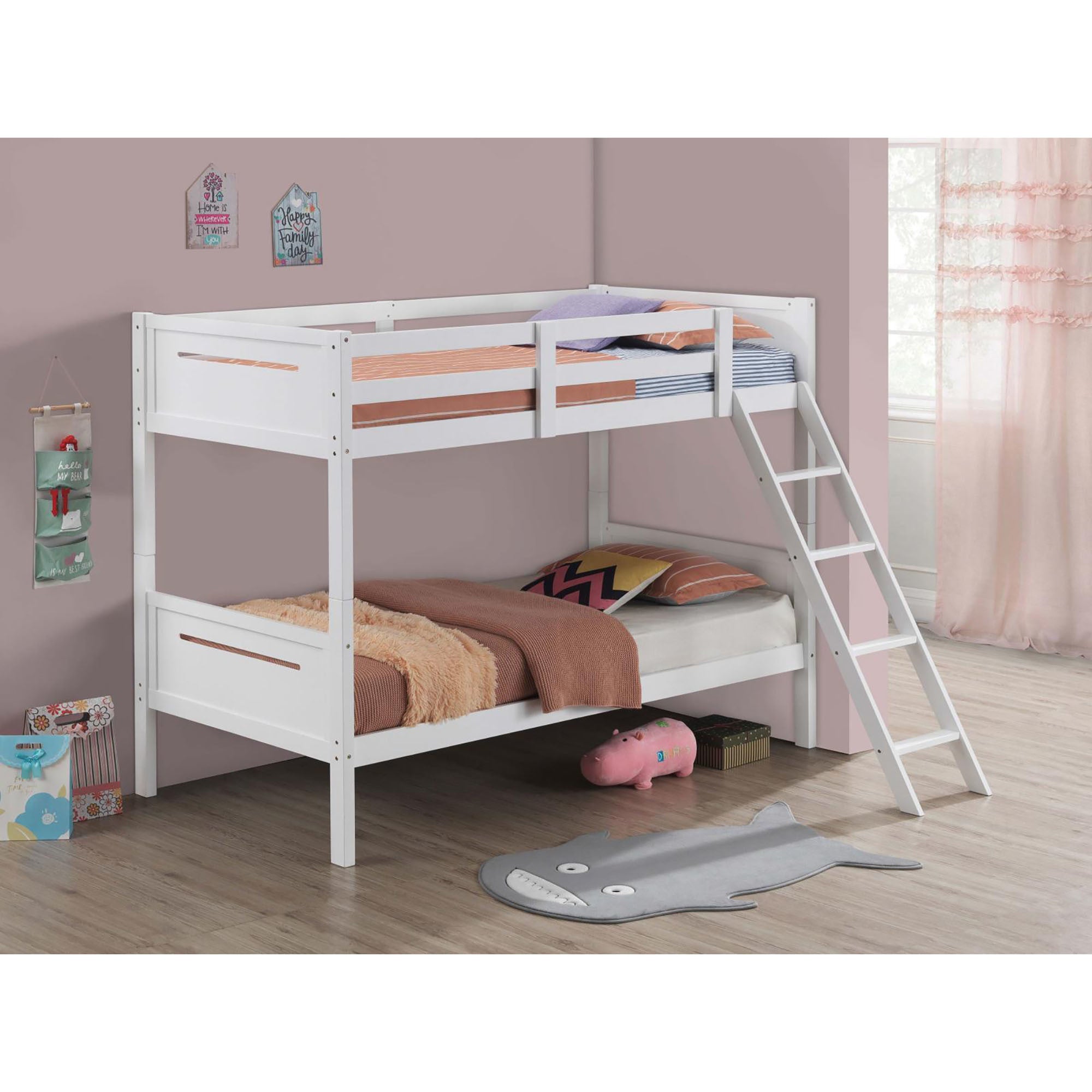 White Twin/Twin Bunk Bed with Built-in Ladder