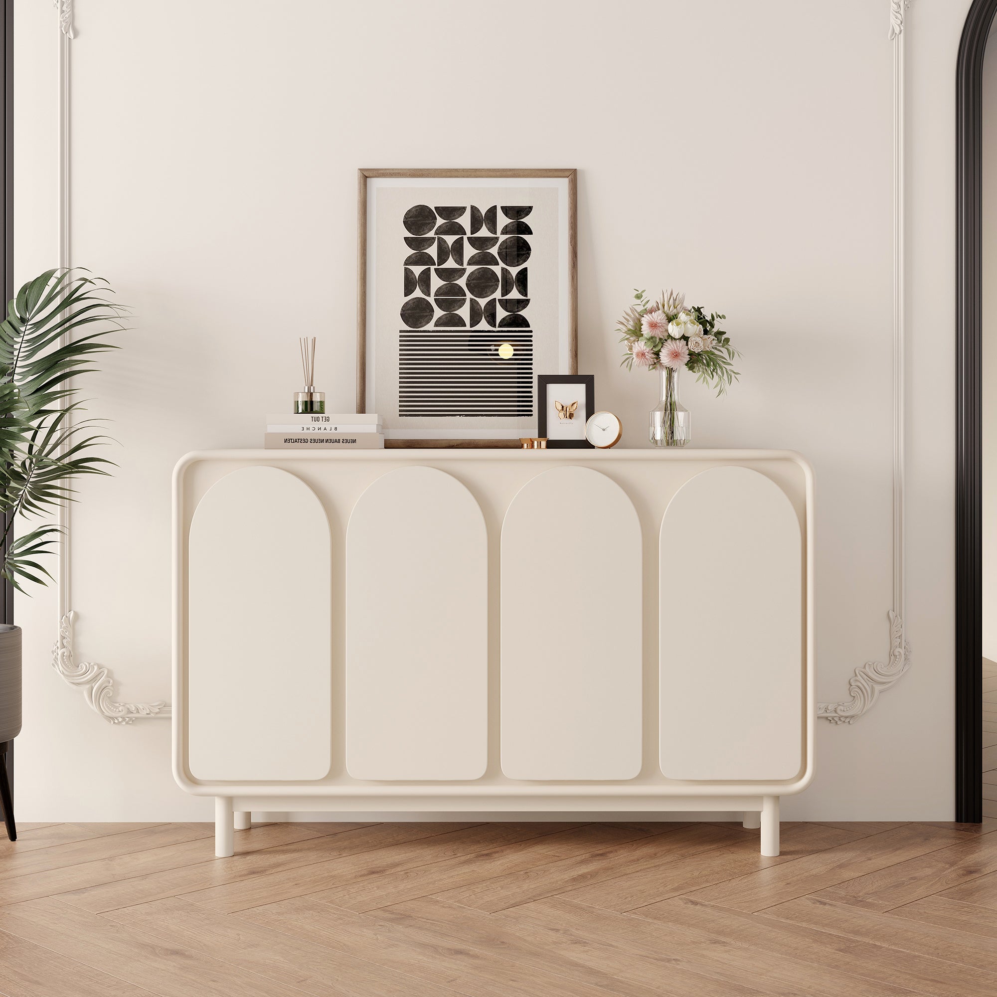 55.5" Beige Arched Door Buffet Sideboard with 4 Door Sideboard