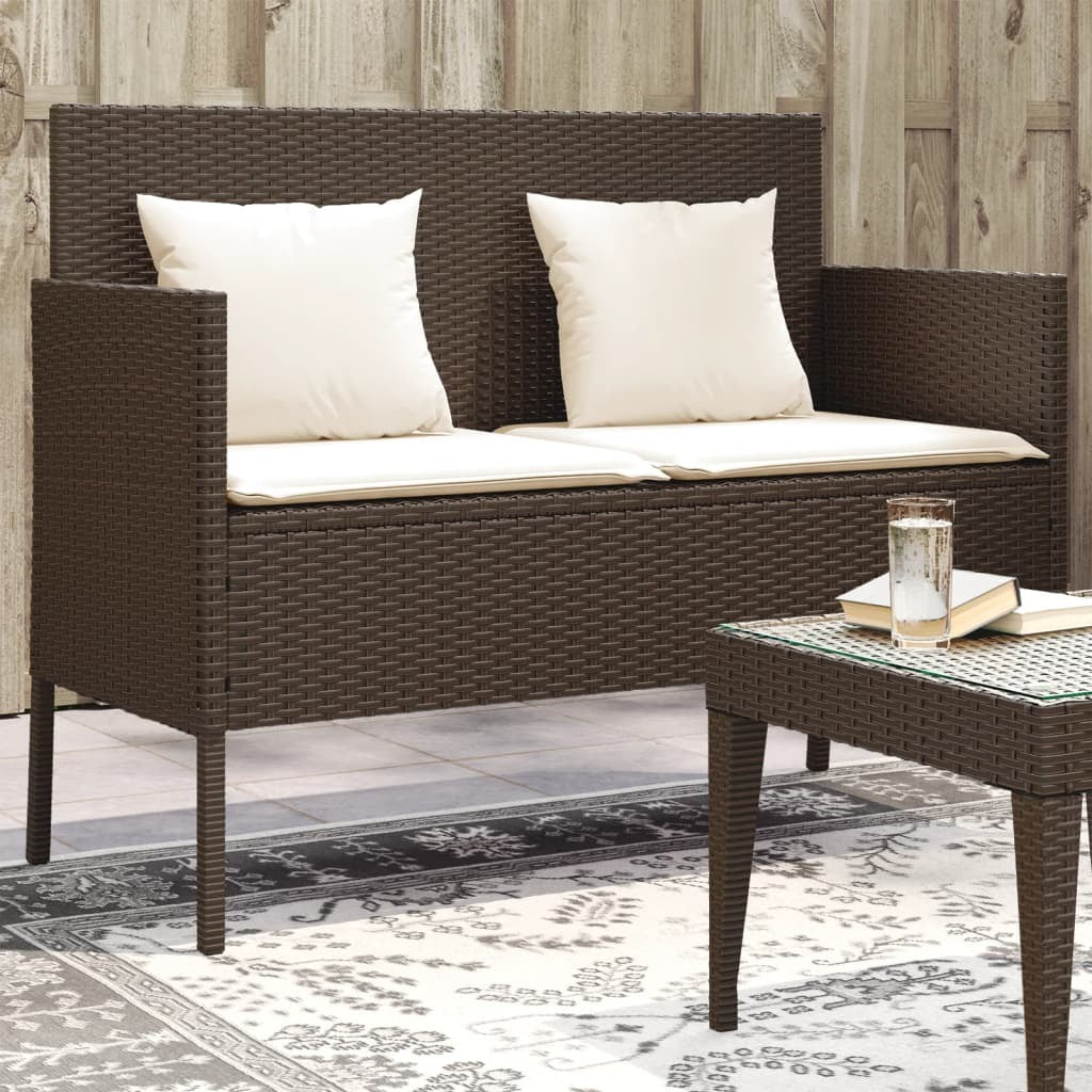 Patio Bench with Cushions Brown Poly Rattan