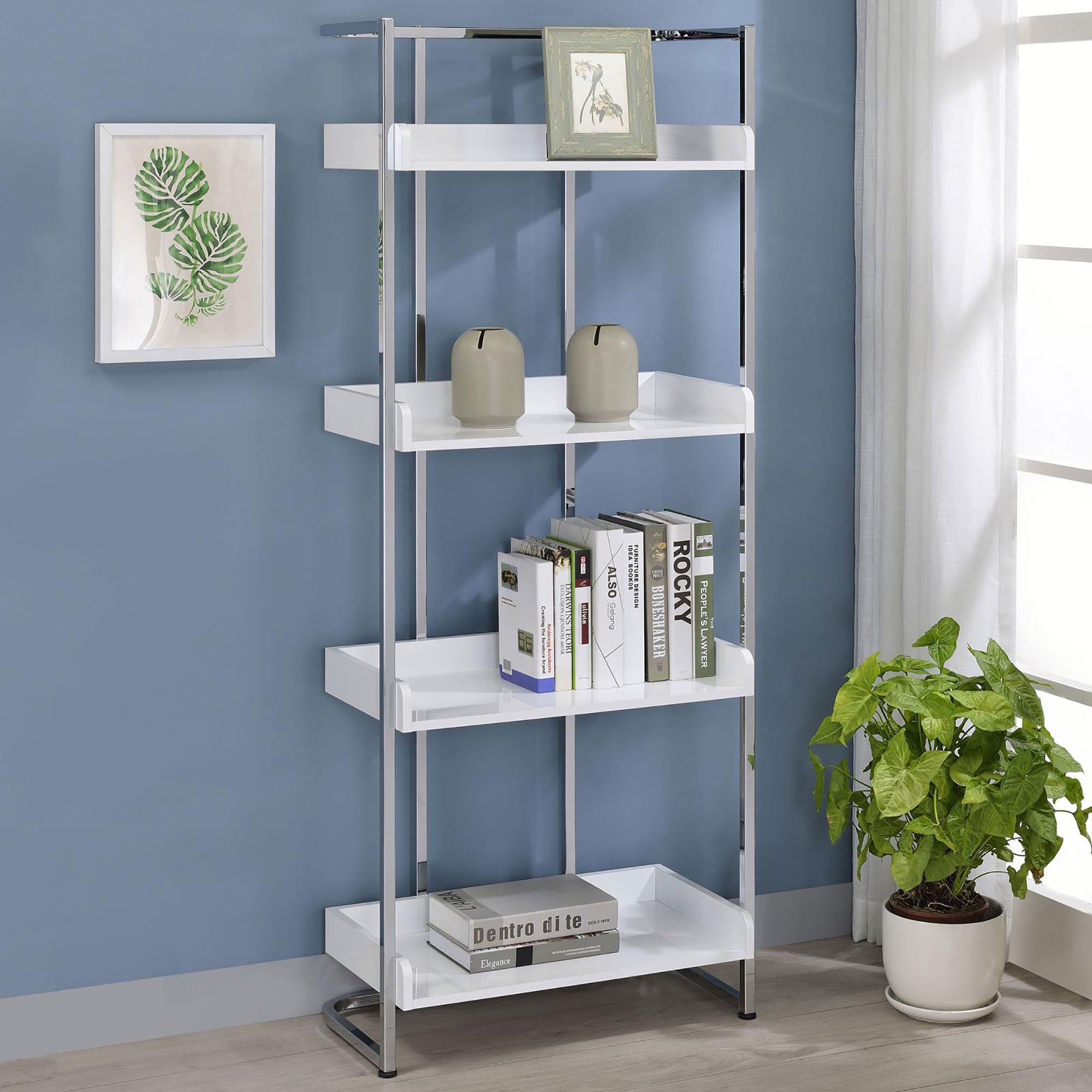 Glossy White 4-Shelf Open Back Bookcase