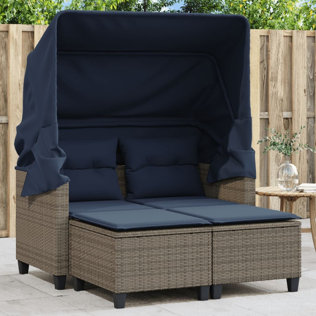 Patio Sofa 2-Seater with Canopy and Stools Gray Poly Rattan