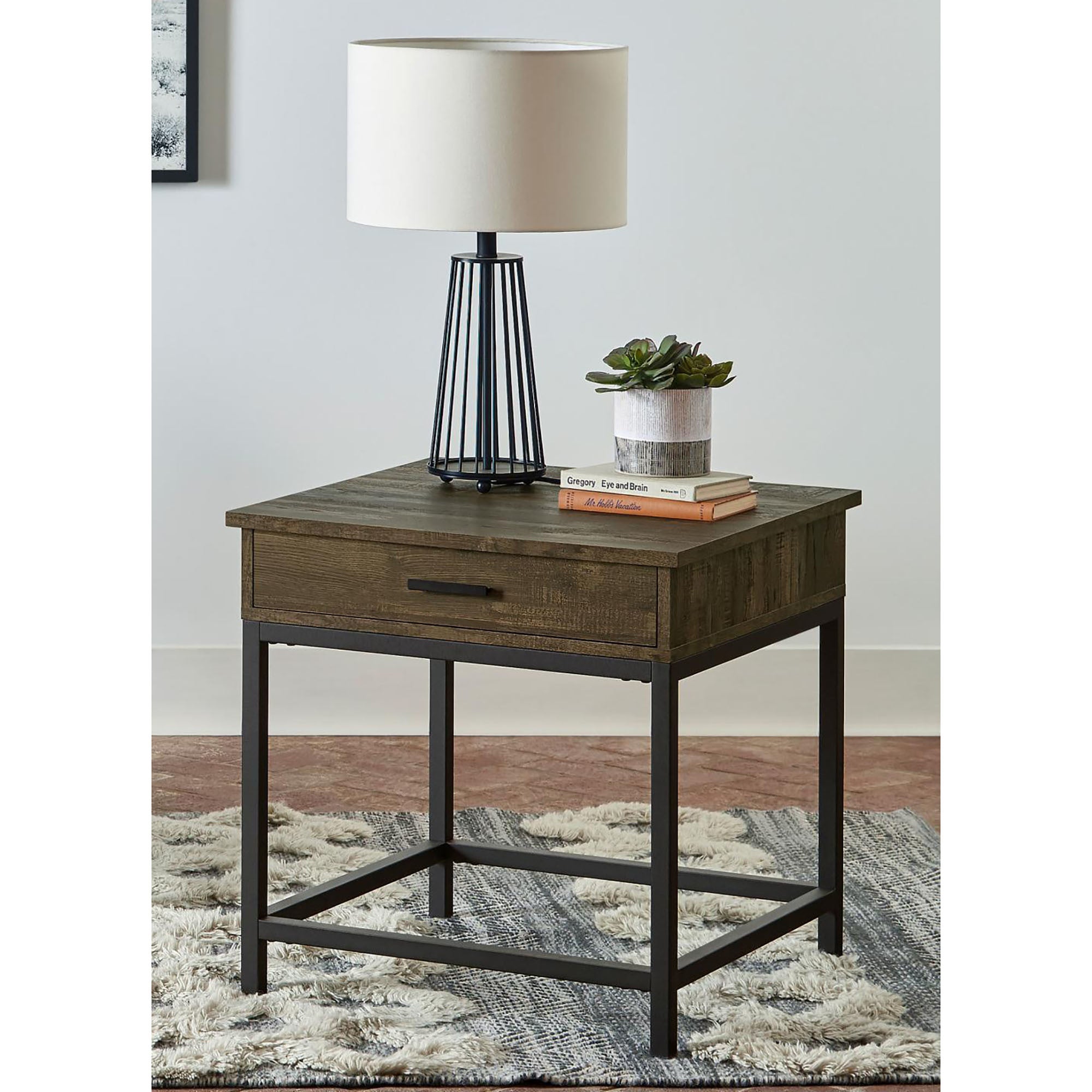 Brown Oak and Sandy Black Square End Table