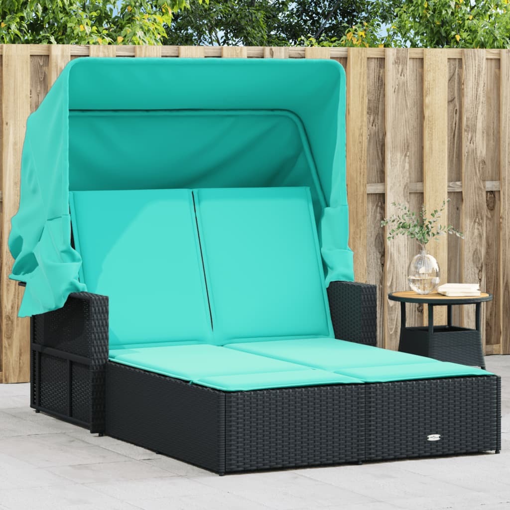 Double Sun Lounger with Canopy and Cushions Black Poly Rattan