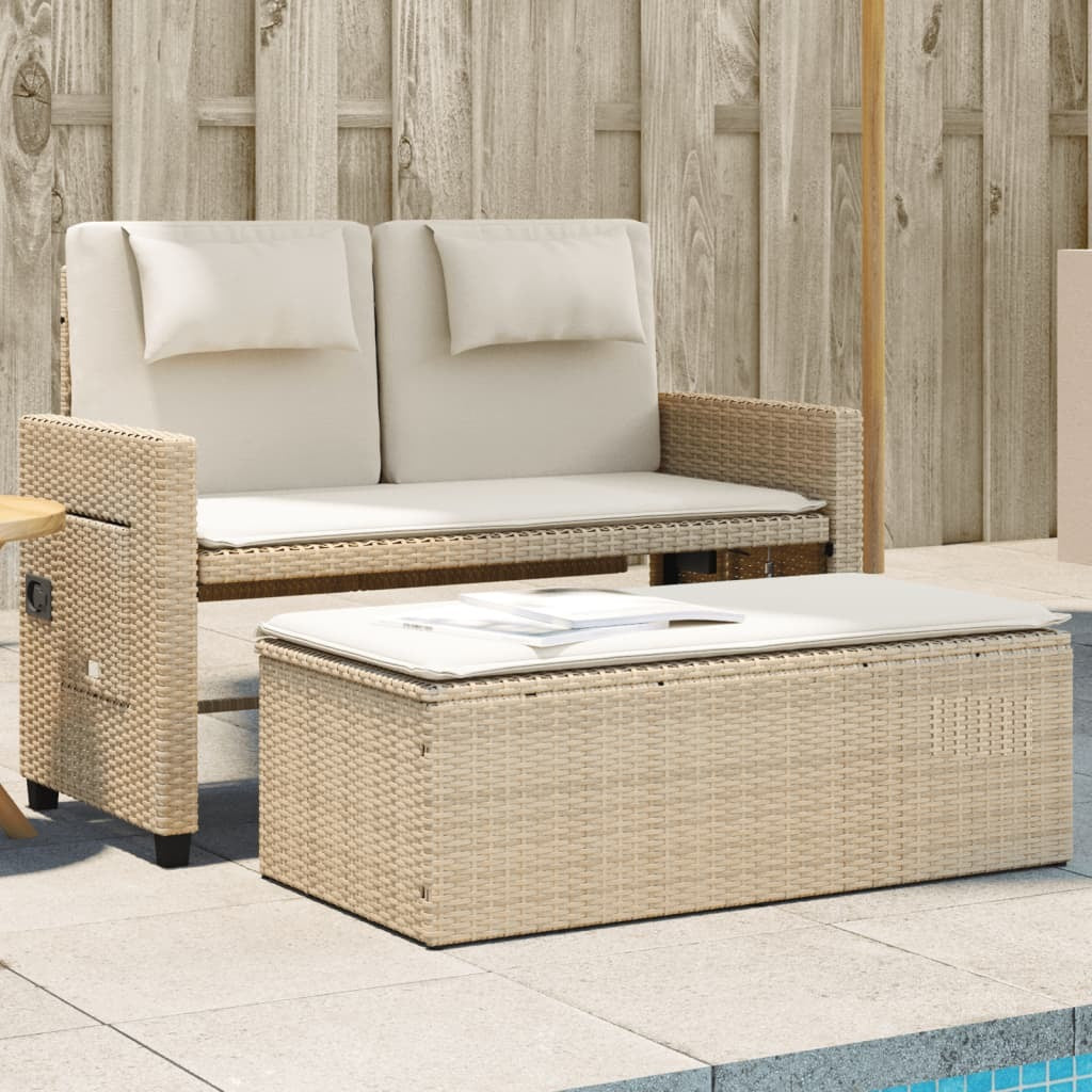 Reclining Patio Bench with Cushions Beige Poly Rattan