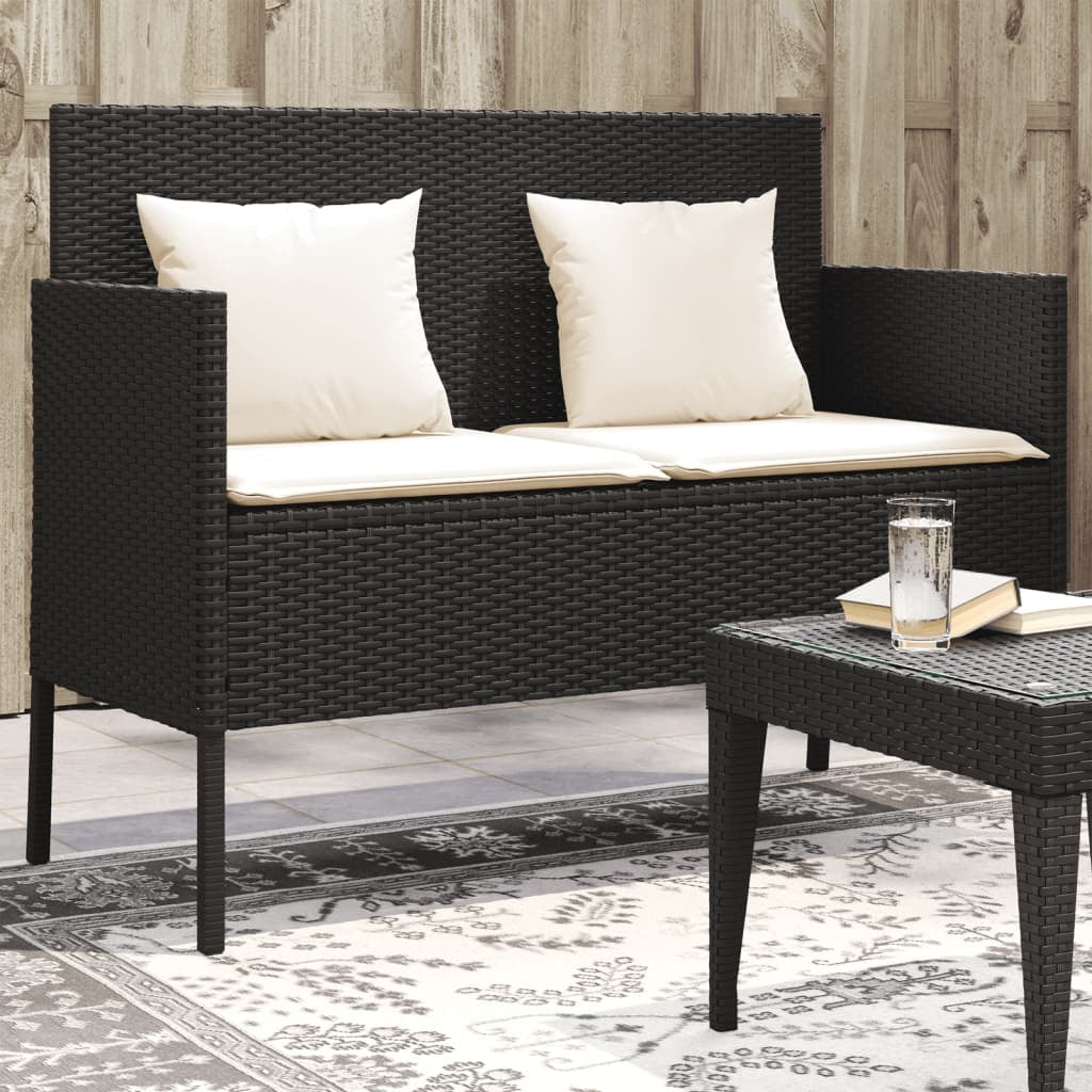 Patio Bench with Cushions Black Poly Rattan