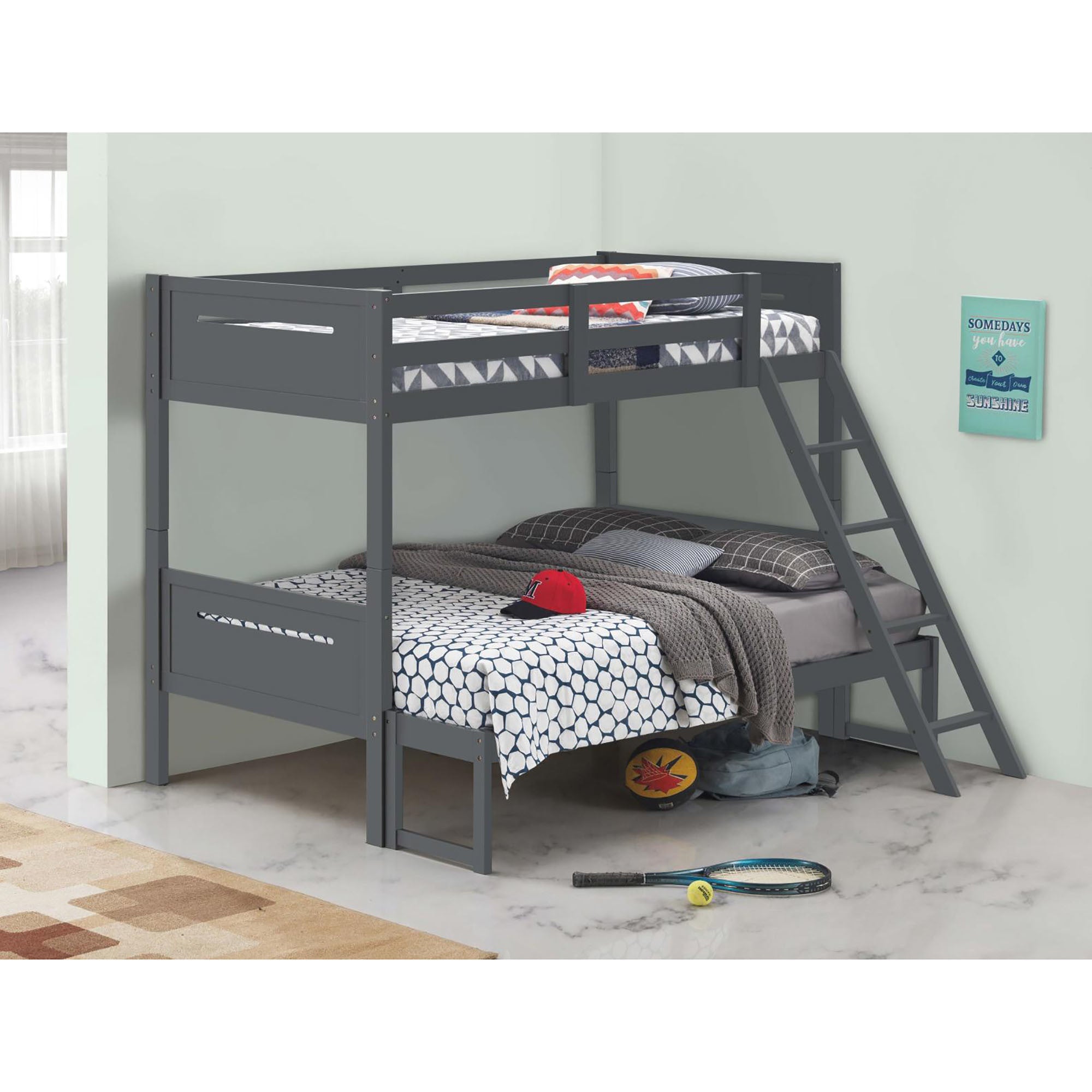 Grey Twin/Full Bunk Bed with Built-in Ladder