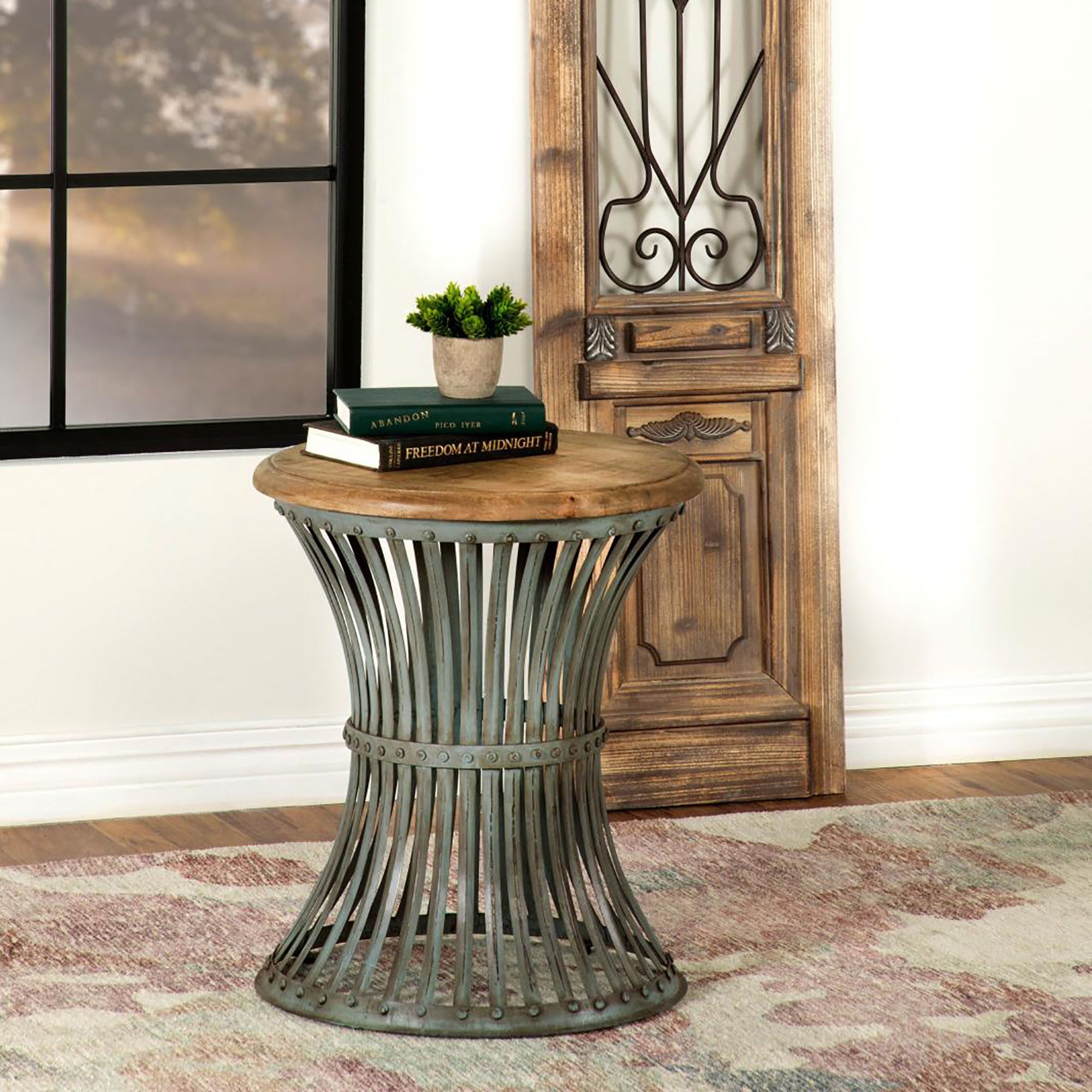 Natural and Blue Distressed Round Accent Table