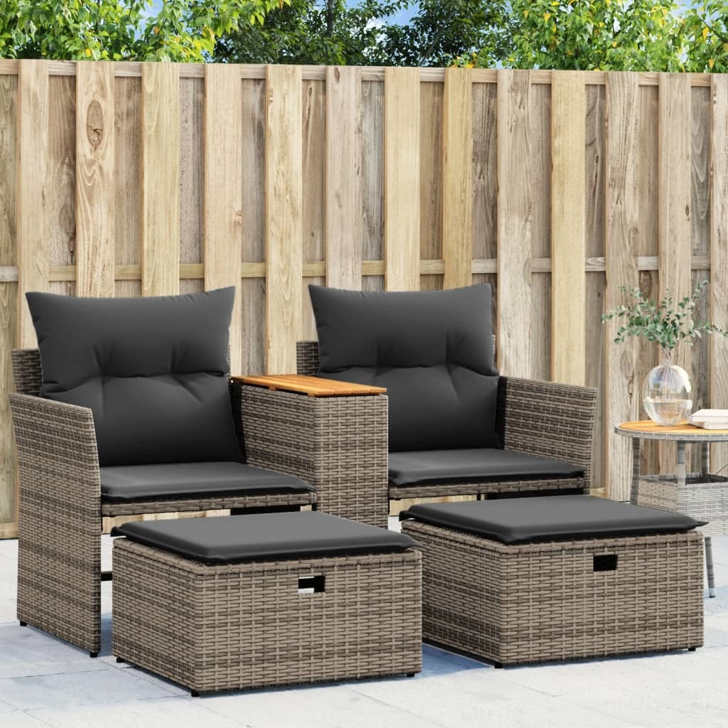 Patio Sofa 2-Seater with Stools Gray Poly Rattan