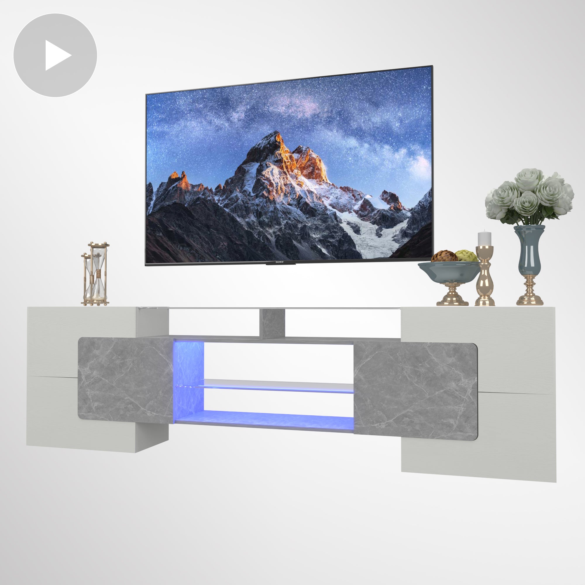 [Video] TV Console with Storage Cabinets, Long LED TV Stand Full RGB Color Selection, 31 Modes Changing Lights Modern Entertainment Center with 2 Tempered Glass Shelves (Grey/White, for 80 inches)