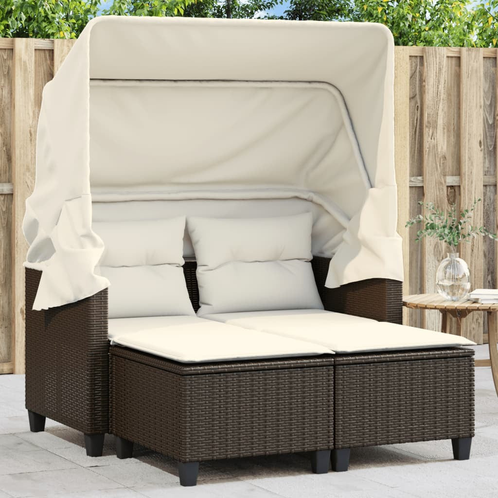 Patio Sofa 2-Seater with Canopy and Stools Brown Poly Rattan