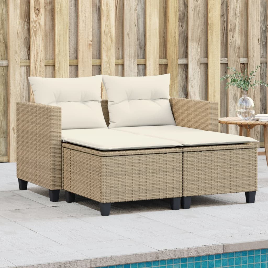 Patio Sofa 2-Seater with Stools Beige Poly Rattan