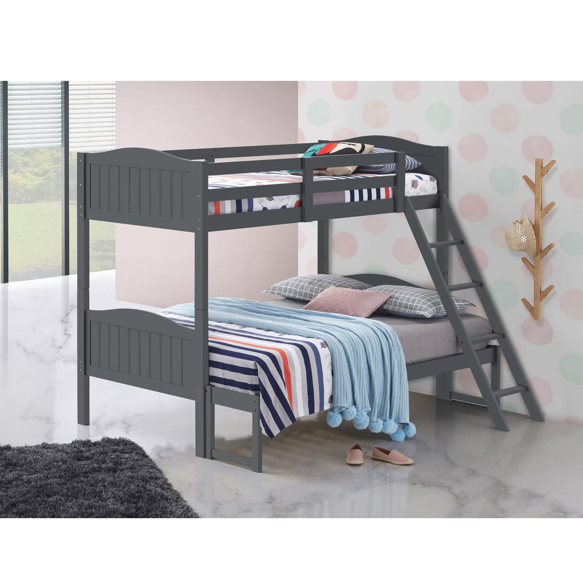 Grey Twin/Full Bunk Bed with Arched Headboard