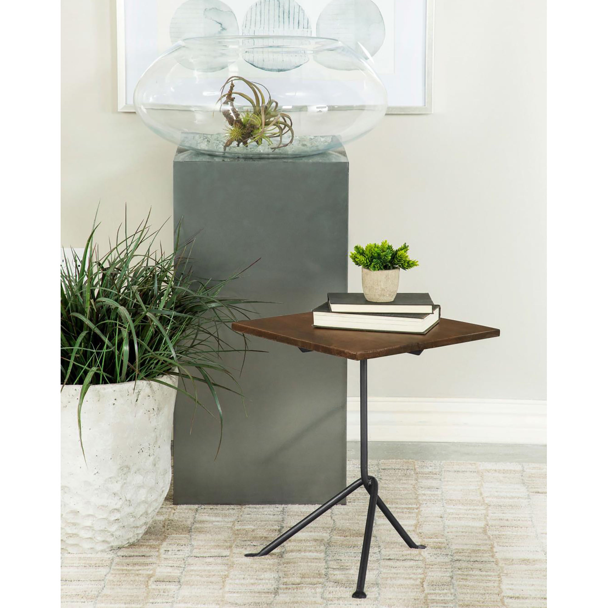 Dark Brown and Gunmetal Accent Table with Tripod Legs