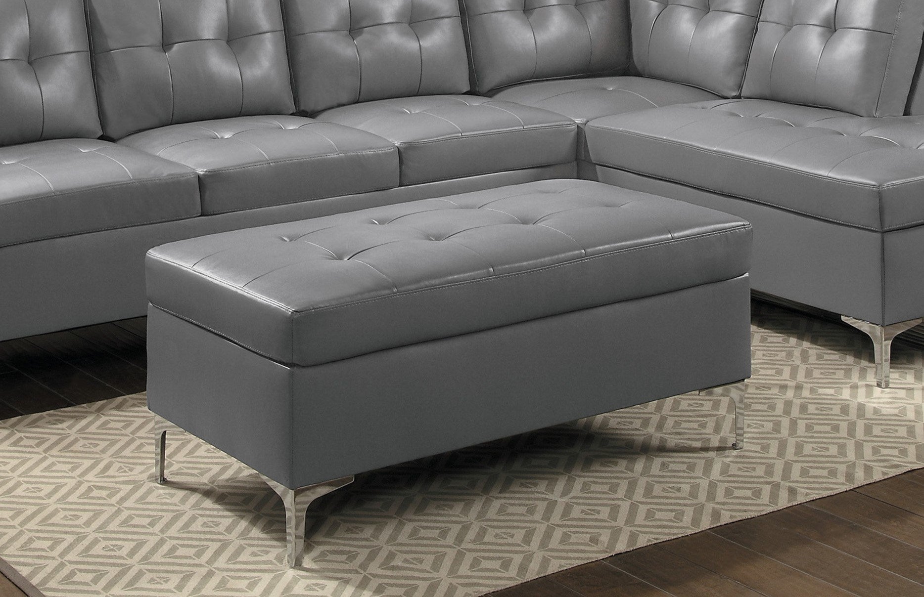 Contemporary Gray Tufted Top 1pc Ottoman Faux Leather Upholstered Solid Wood Frame Living Room Furniture Silver Metal Legs