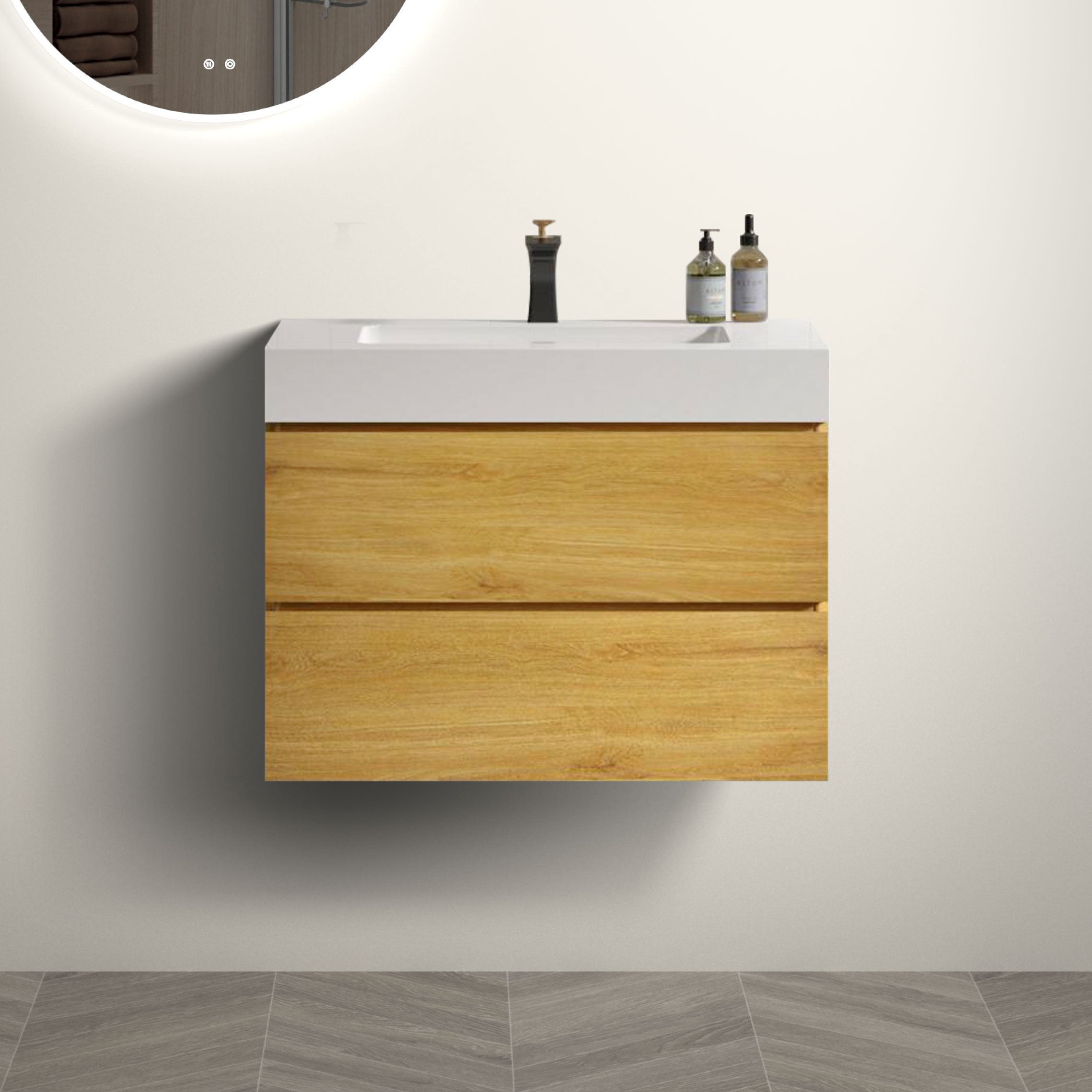 U041-Alice30-106 Alice 30" Natural Oak Bathroom Vanity with Sink, Large Storage Wall Mounted Floating Bathroom Vanity for Modern Bathroom, One-Piece Glossy White Sink Basin without Drain and Faucet