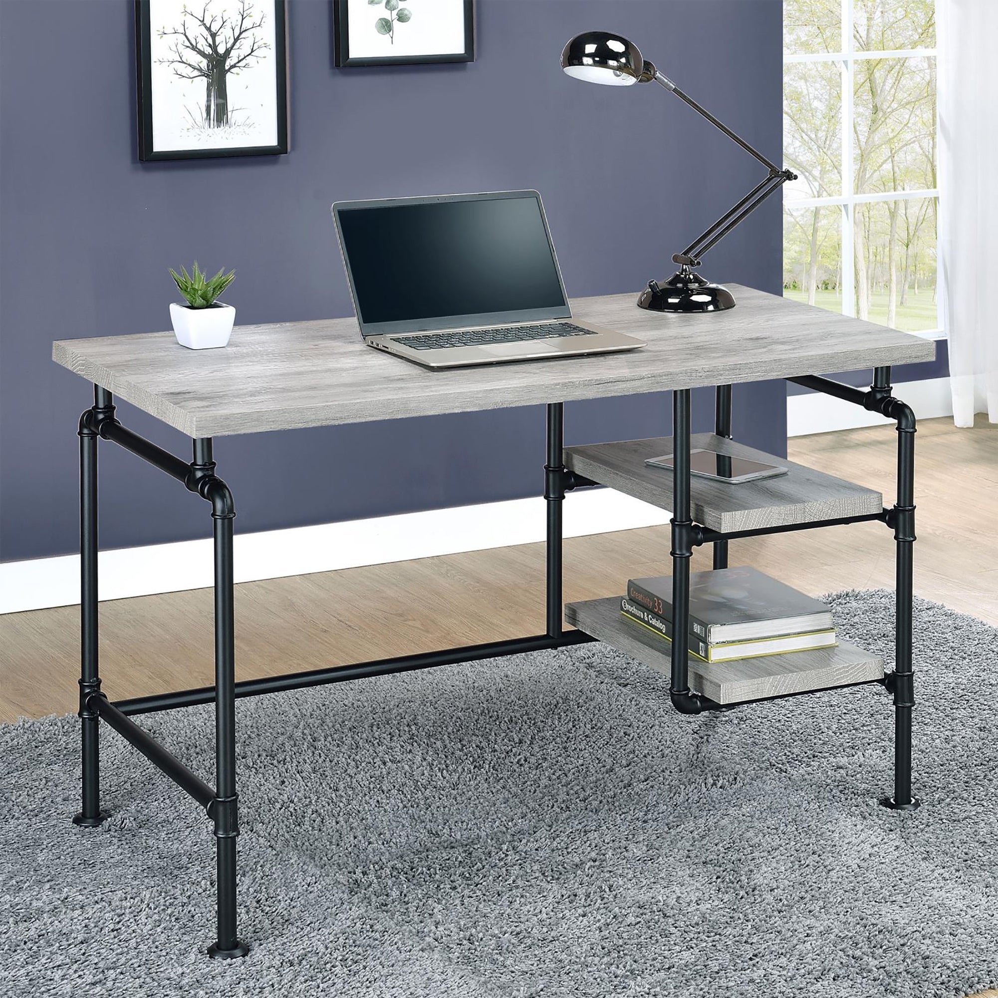 Grey Driftwood and Black 2-Shelf Writing Desk