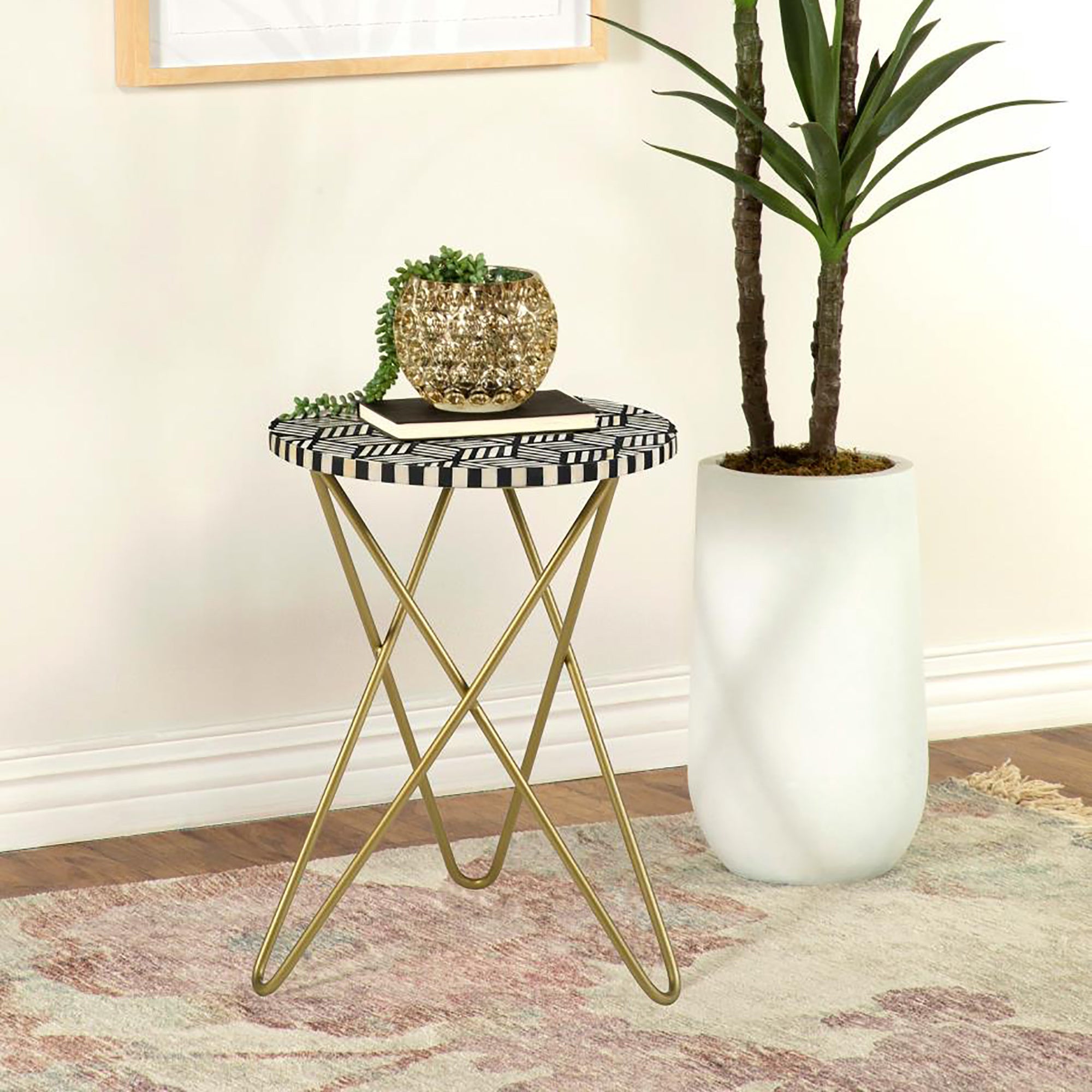 Black White and Gold Top Accent Table