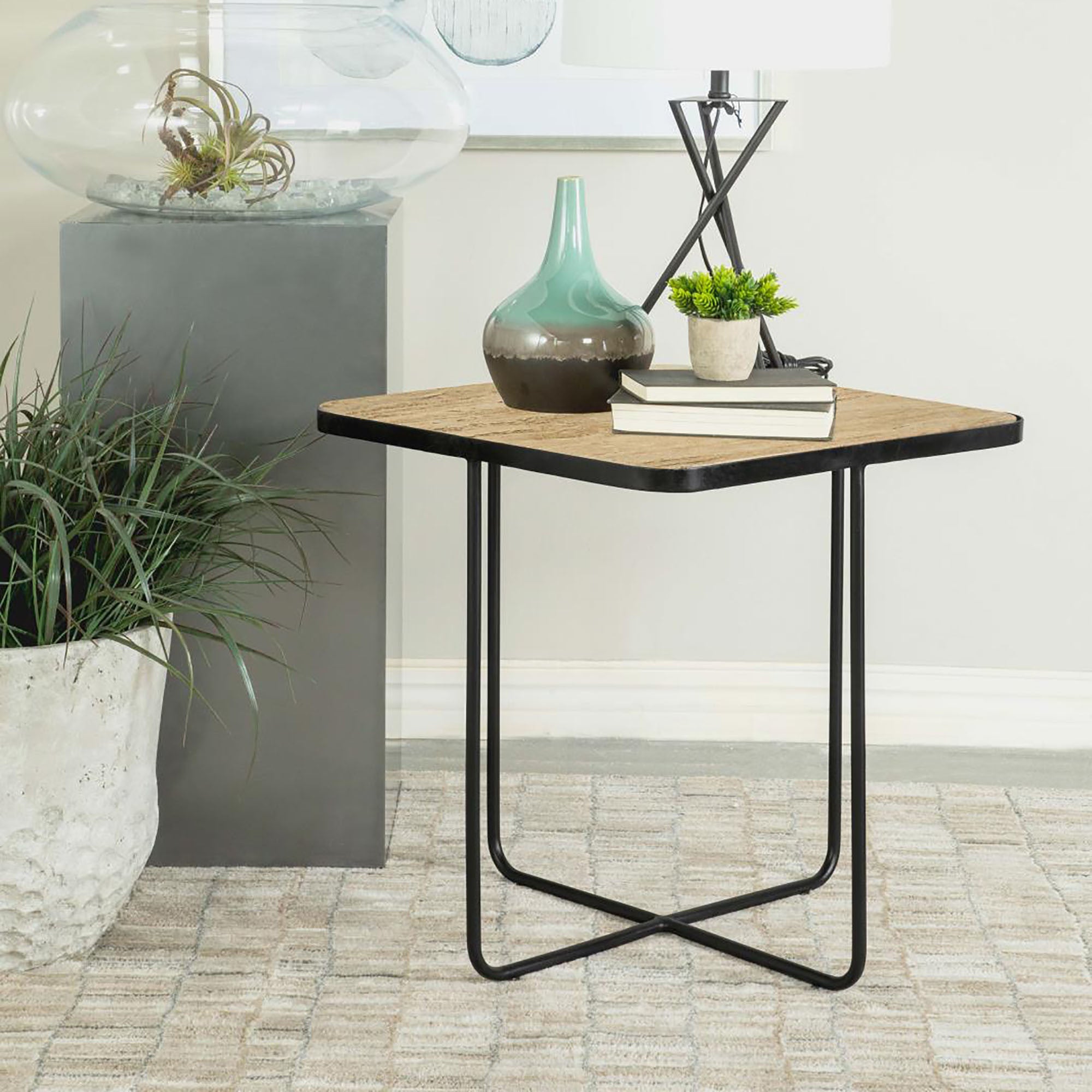 Travertine and Black Accent Table