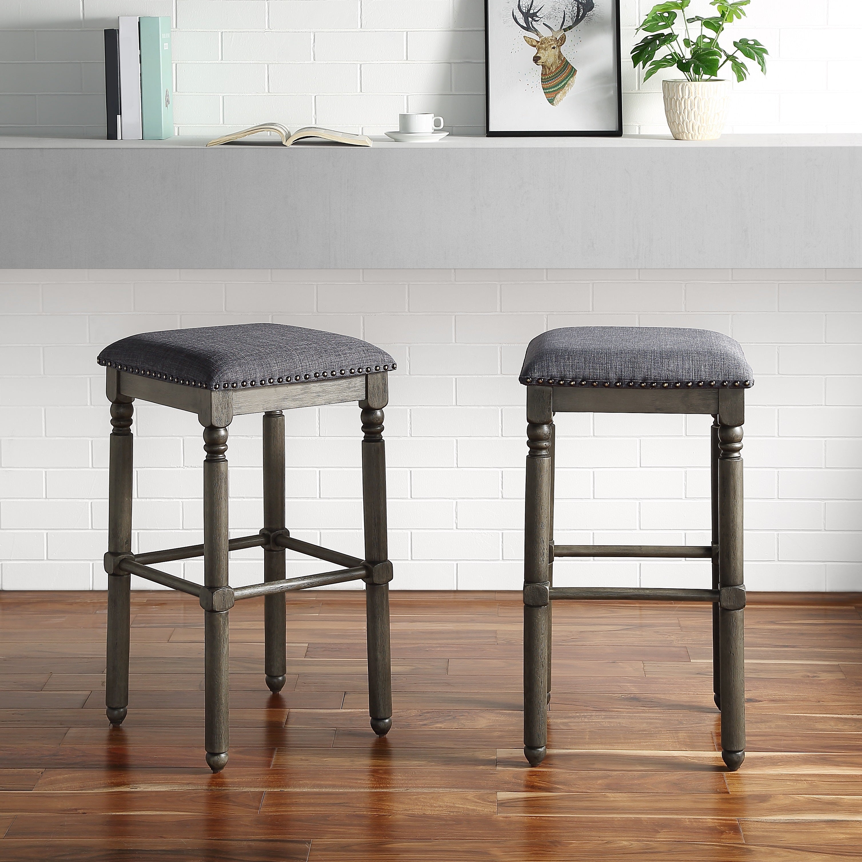 Arnhem Wood Upholstered Swivel Bar Stools, Set of 2, Grey