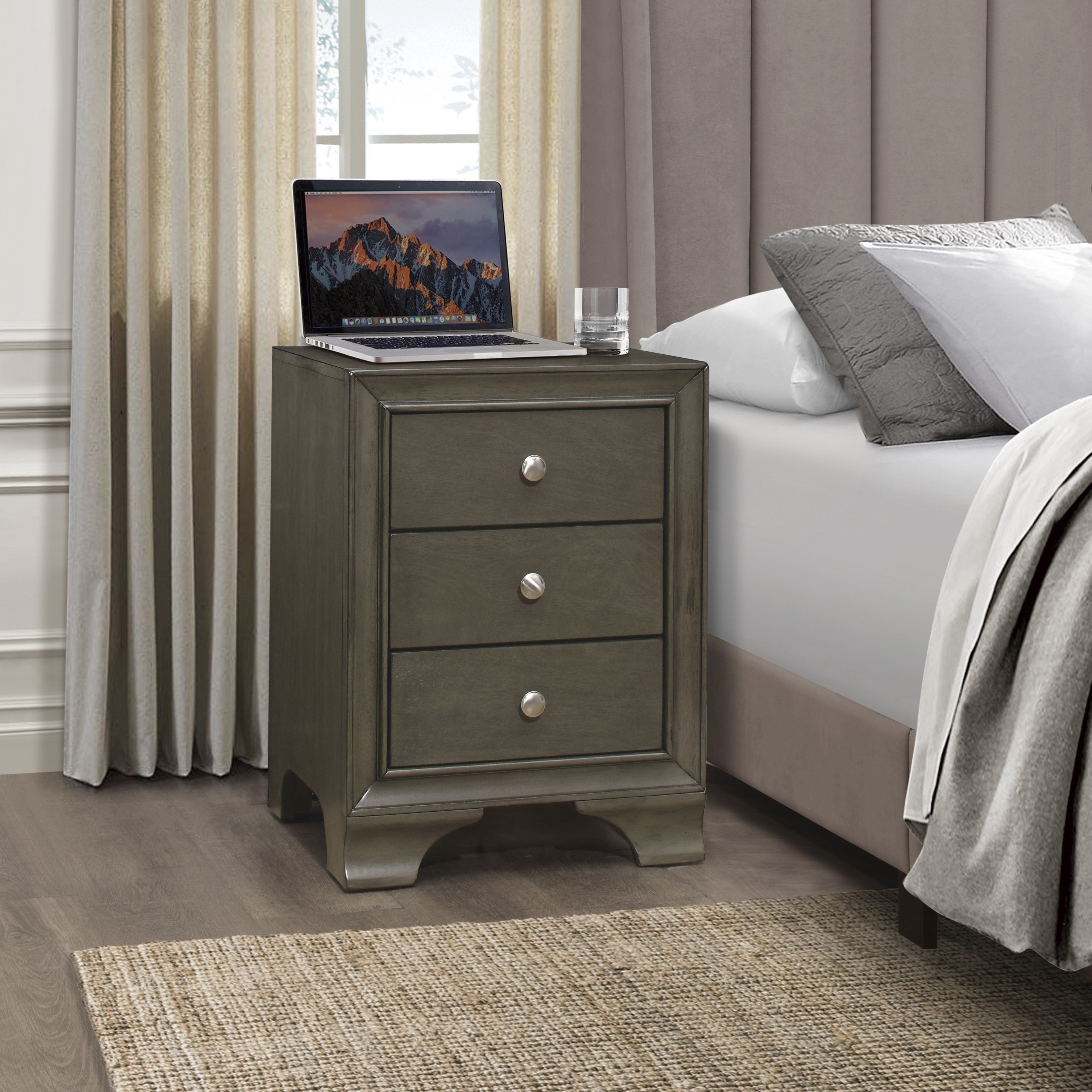 Gray Finish 3-Drawers Nightstand with 2 USB Ports Transitional Bedroom Furniture 1pc Bedside Table Wooden