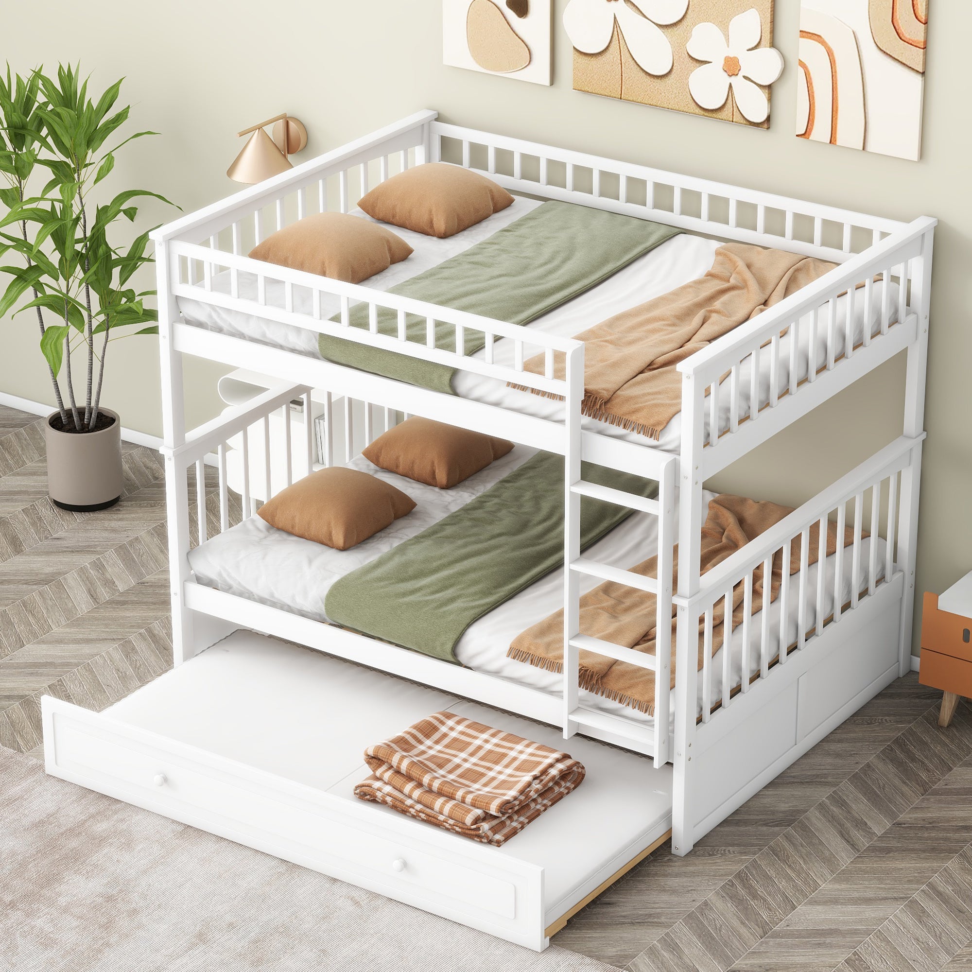 Full over Full Bunk Bed with Twin Size Trundle, Convertible Beds, White