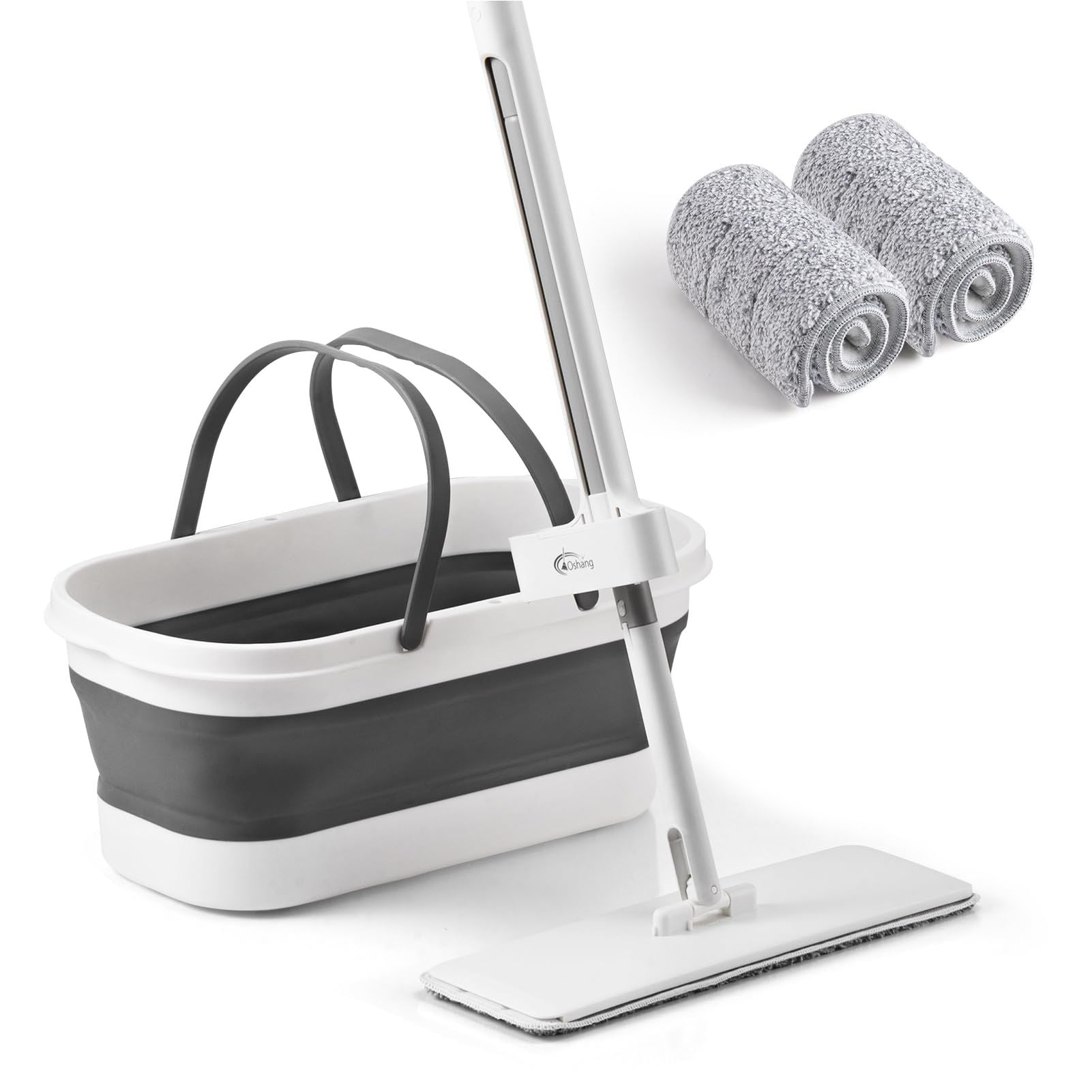 Flat Mop and Bucket, Mops for Floor Cleaning, Foldable Bucket with Wheels, Stainless-Steel Handle, 2 Washable & Reusable Microfiber Pads