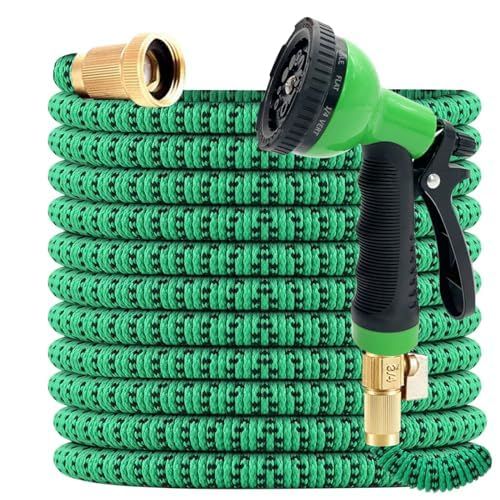 50ft Expandable Garden Hose with Holder - Heavy Duty Superior Strength 3750D - 4 -Layer Latex Core - Extra Strong Brass Connectors and 10 Spray Nozzle w/Storage Bag