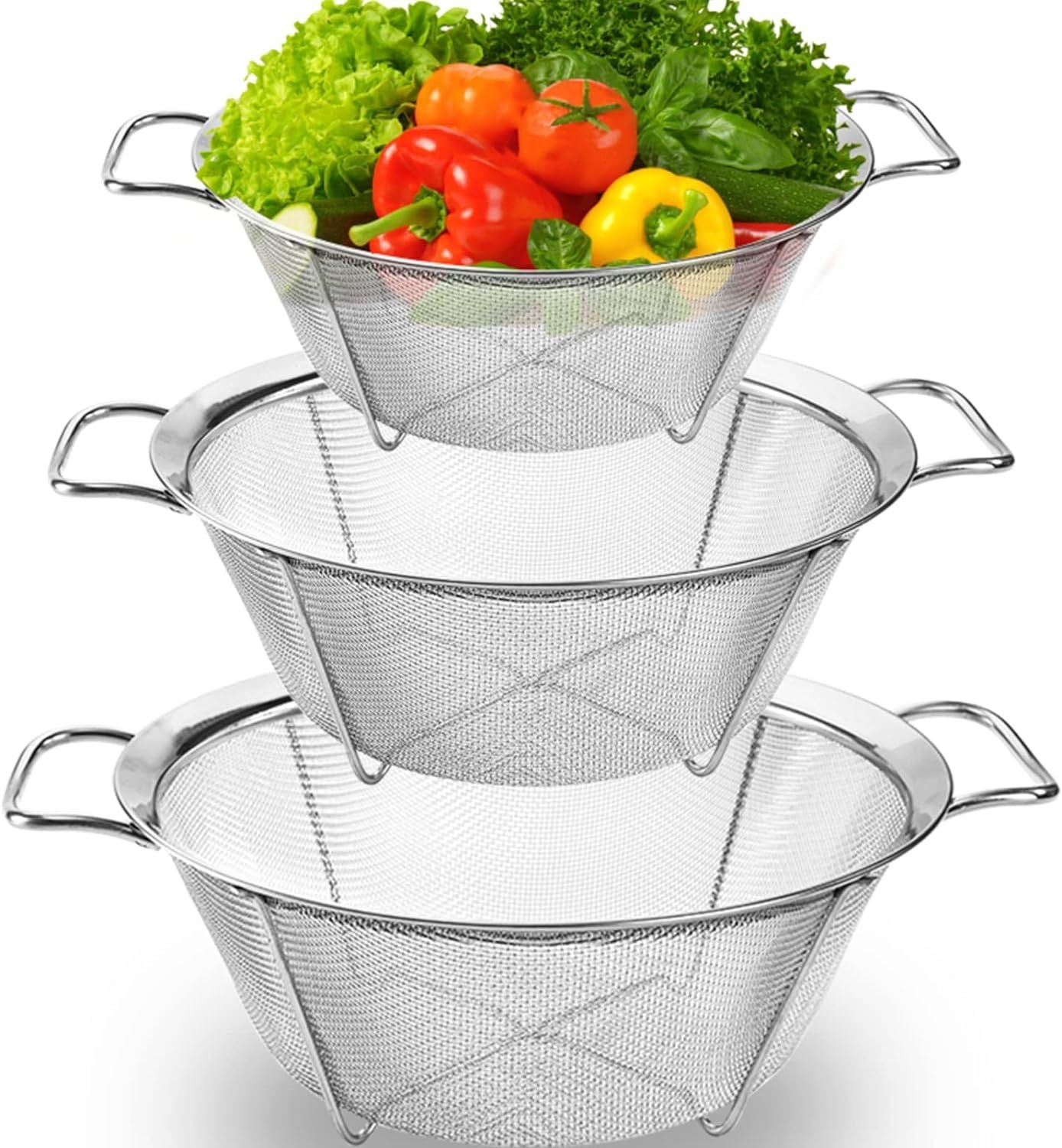 Ideal Kitchen Strainers and Colanders, Stainless Steel Mesh Strainer Basket with Handle, Stackable Mesh Footed Colander for Rinse Food, Fruit, Vegetable, Strain, Drain