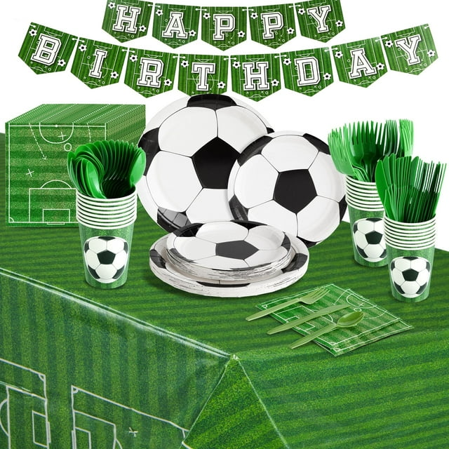 171-Piece Soccer Party Decorations, Serves 24 Sports-Themed Birthday Party Supplies with Plates, Napkins, Cups, and Green Cutlery Set, Tablecloth, and Banner Included