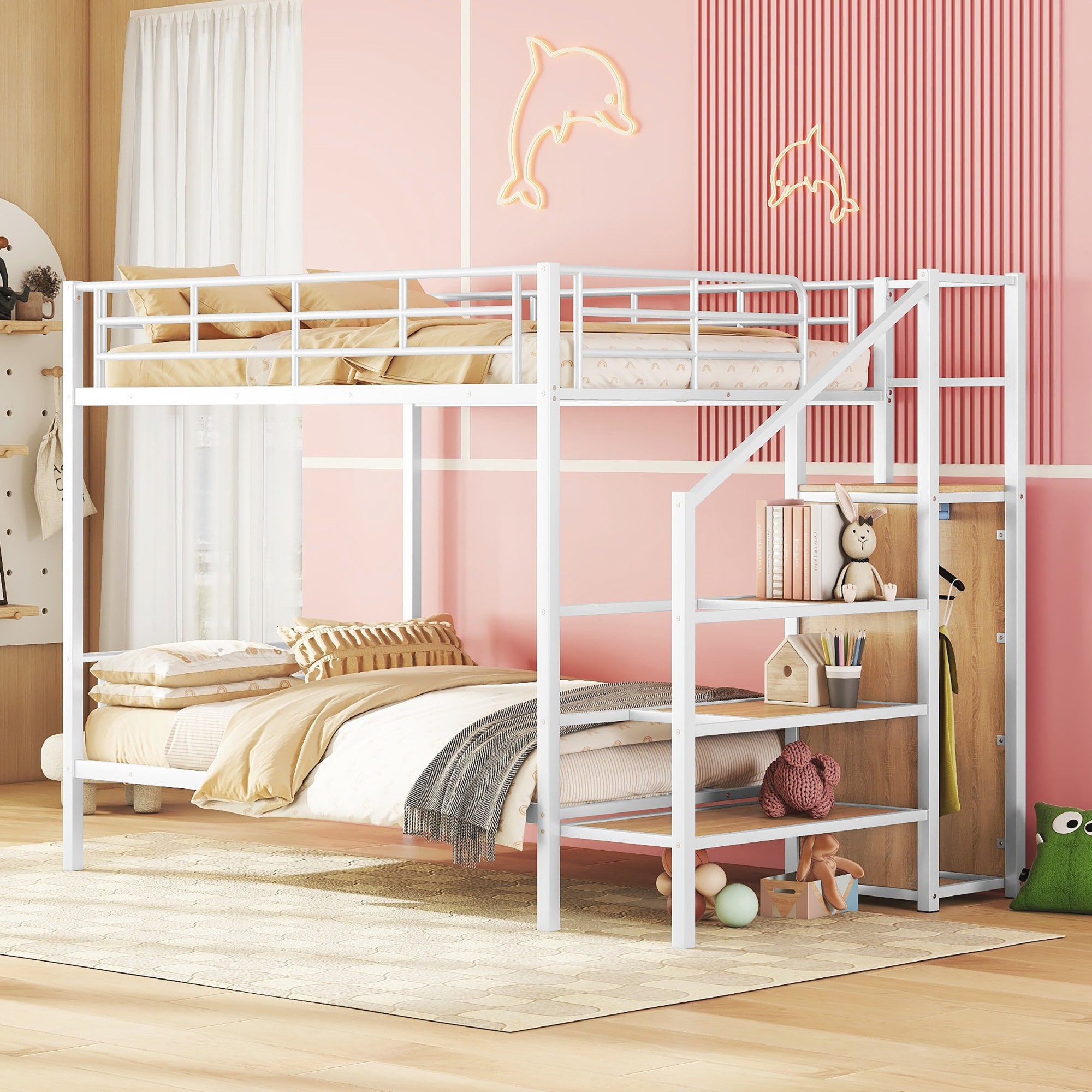 Full Over Full Metal Bunk Bed with Lateral Storage Ladder and Wardrobe, White