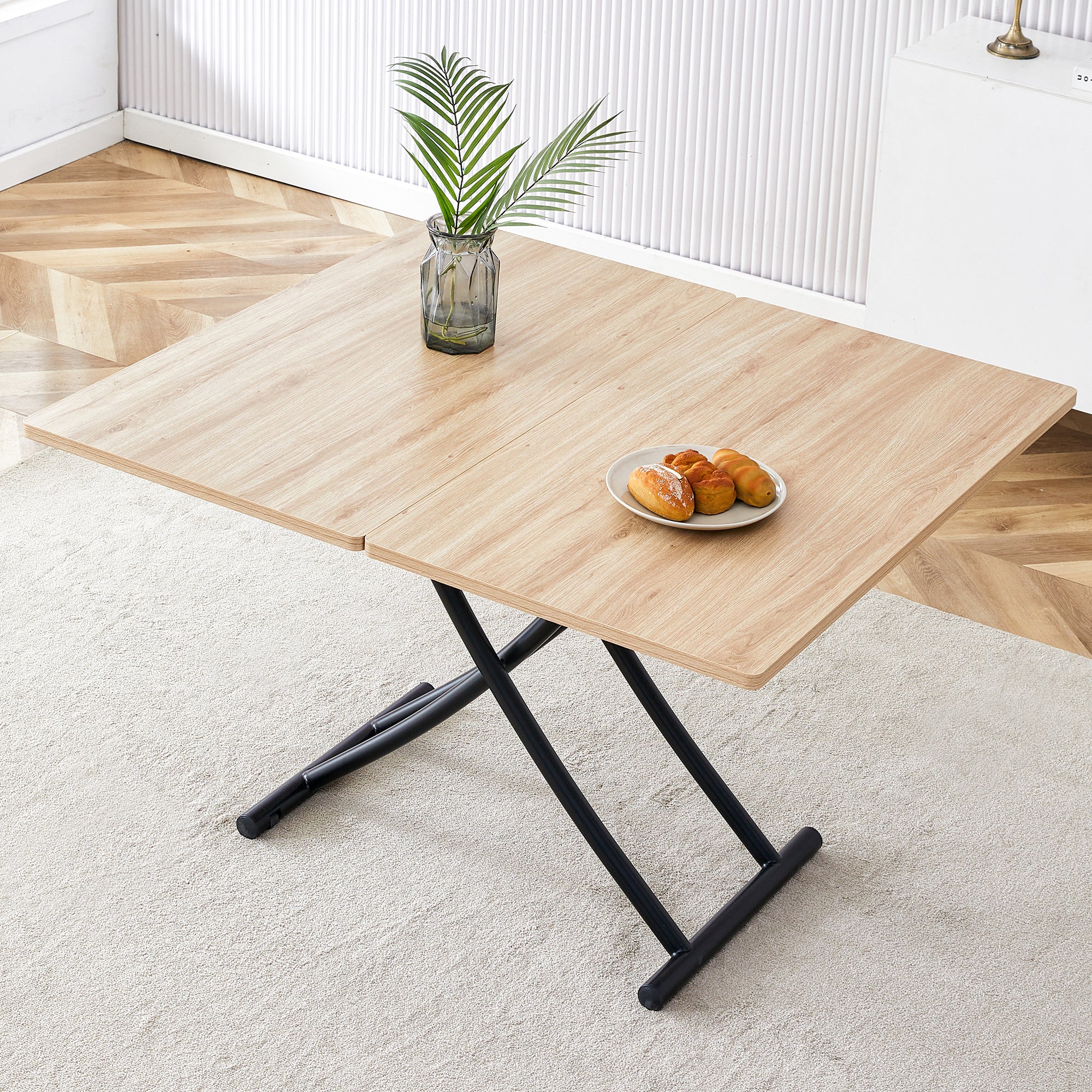 Modern minimalist multifunctional lift table with 0.8-inch MFC tabletop and black metal legs, can be used as dressing table, coffee table, dining table, and office desk. LT-10055