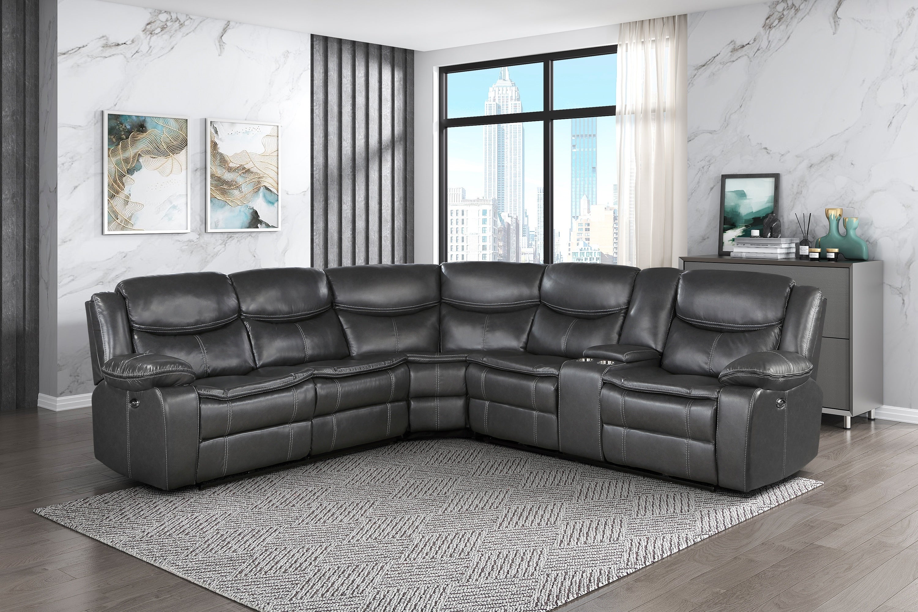 Modern 3-Piece Power Reclining Sectional with Right Side Console Dark Gray Breathable Faux Leather USB Ports Solid Wood Living Room Furniture