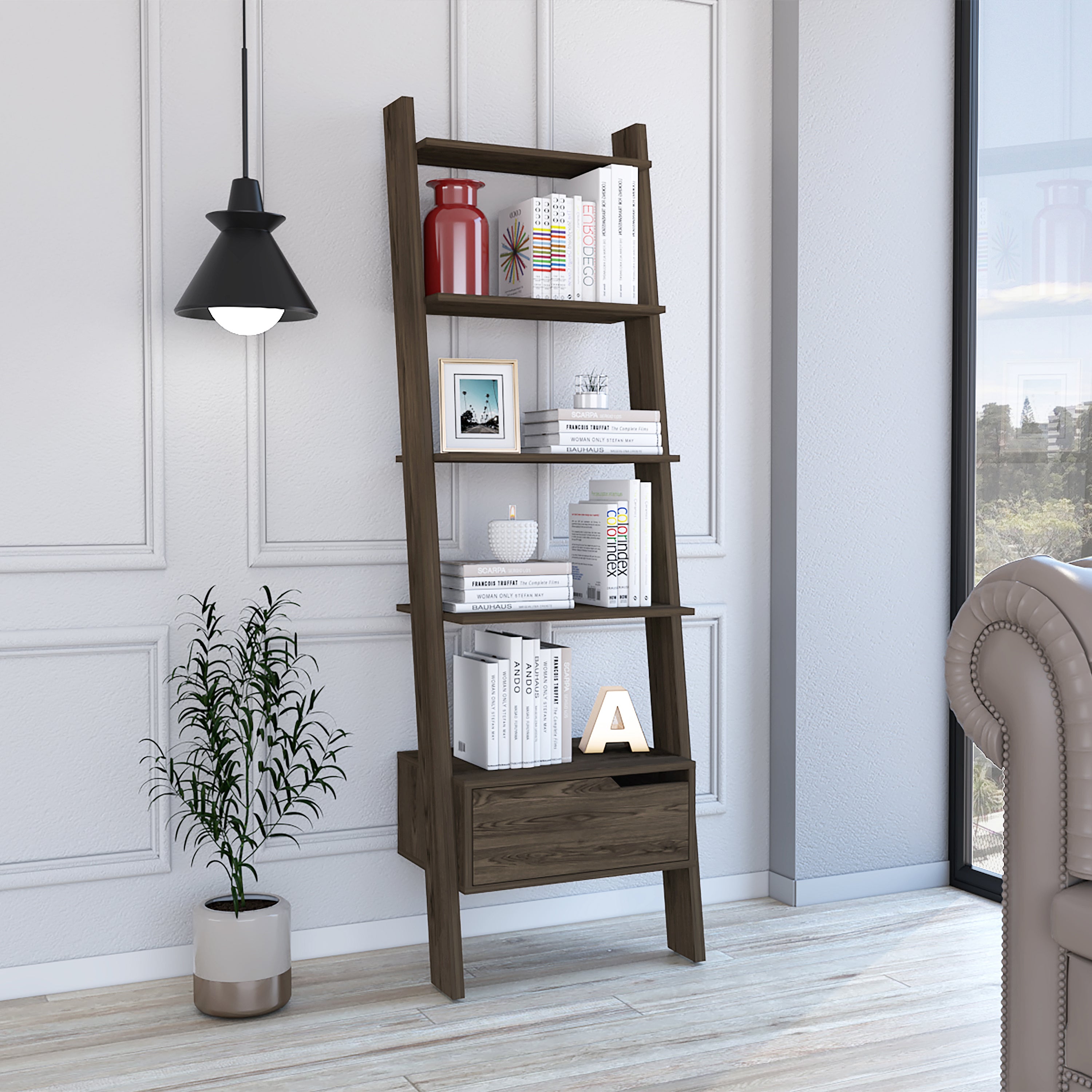 Hamburg Ladder Bookcase, Five Open Shelves, One Drawer