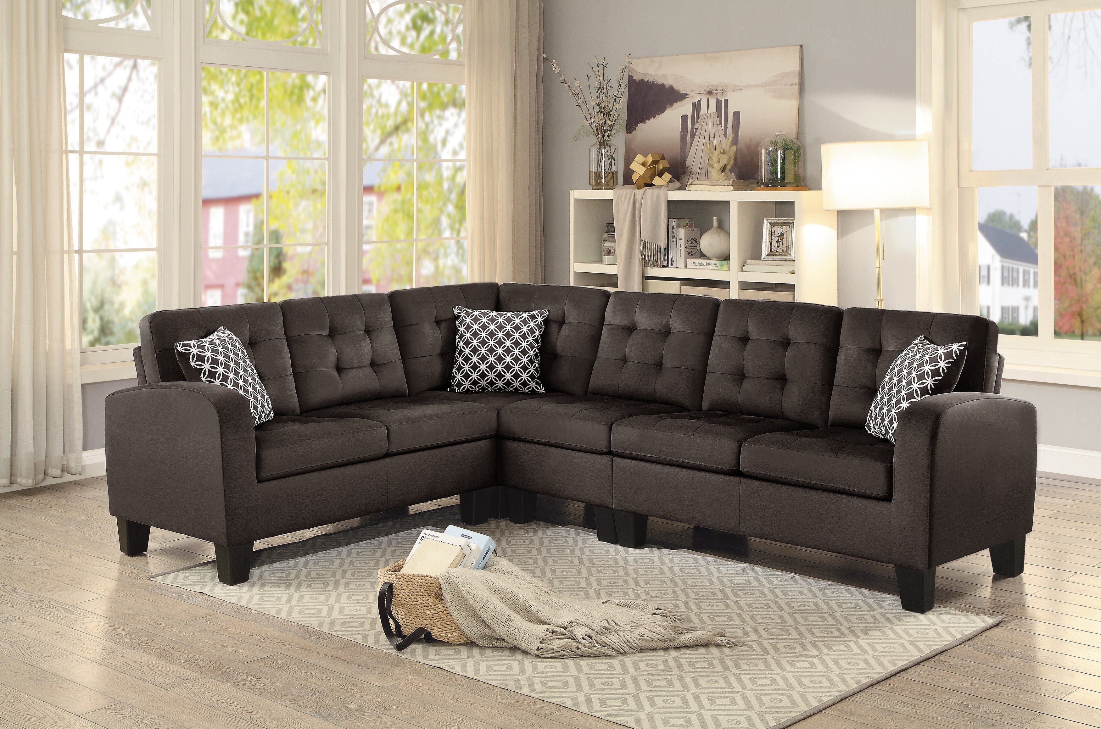 Dark Brown Reversible 4-Piece Sectional Sofa Tufted Detail Textured Fabric Upholstered Solid Wood Contemporary Living Room Furniture L-Shape Sofa Couch