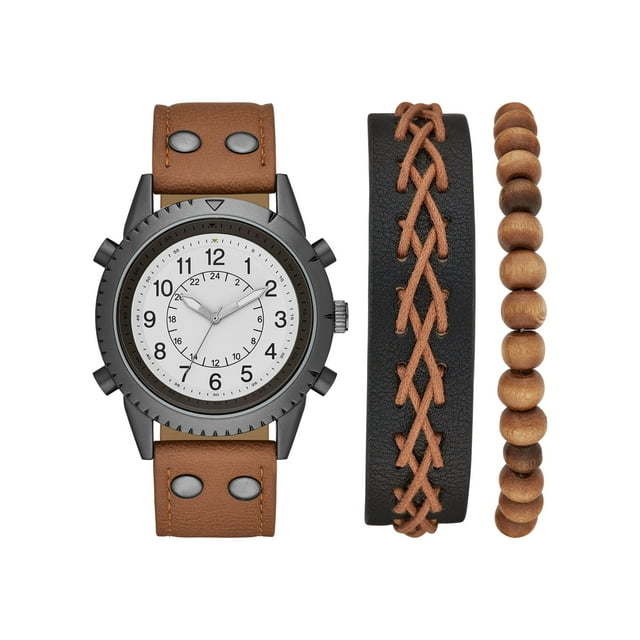 GEORGE Men's Gunmetal Analog Watch Set: White Dial, Brown Vegan Leather, Bonus Bracelets (FMDXGE012).