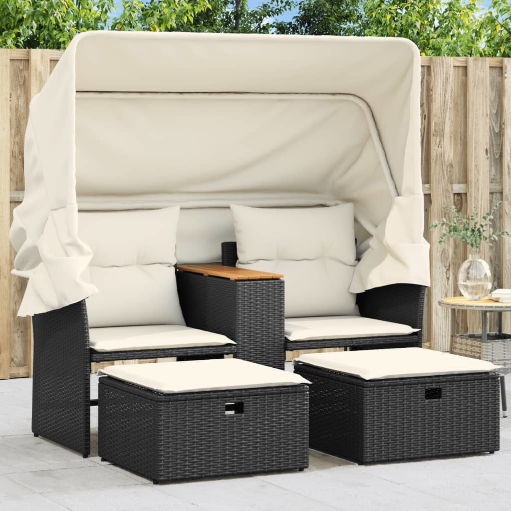 Patio Sofa 2-Seater with Canopy and Stools Black Poly Rattan