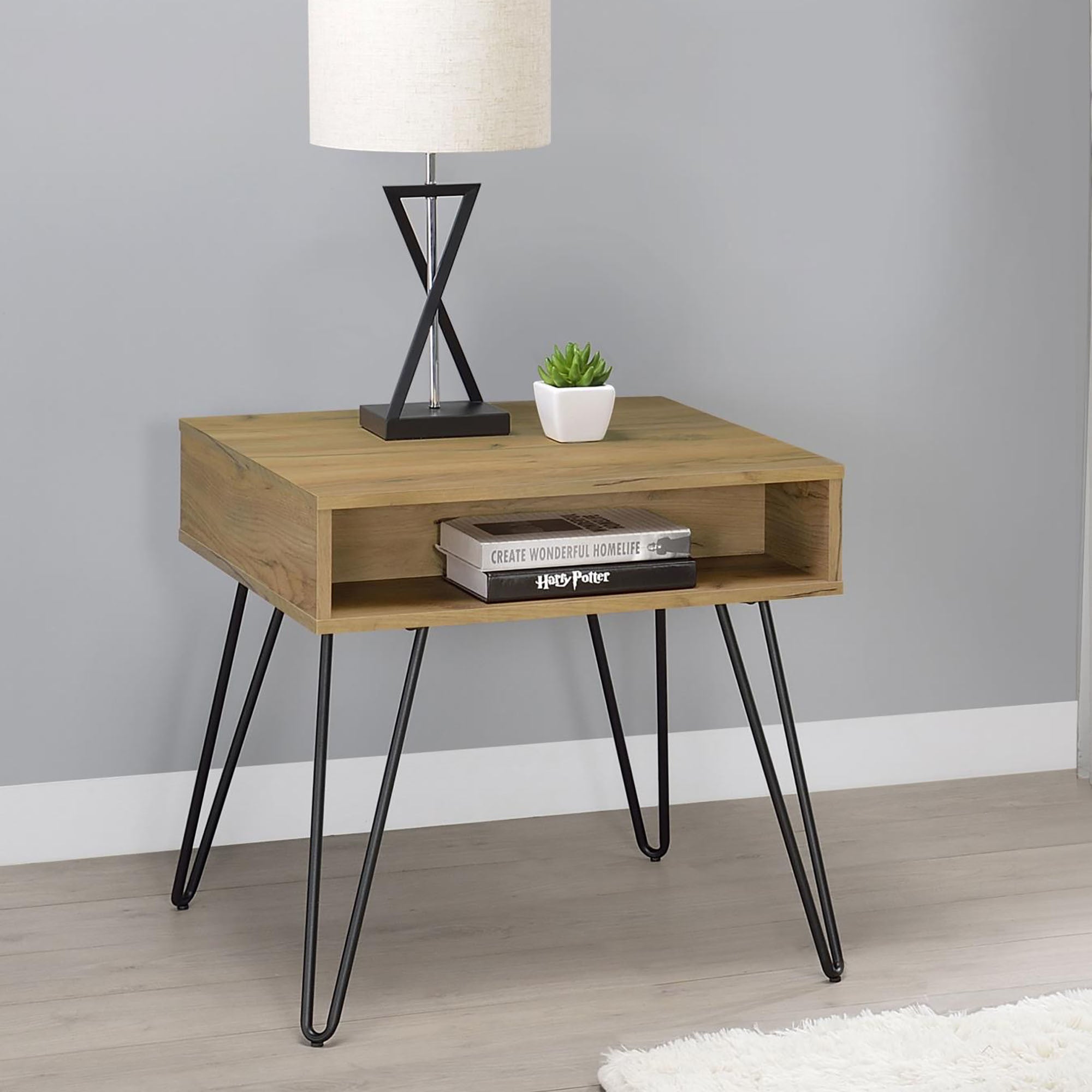 Golden Oak and Black Square End Table