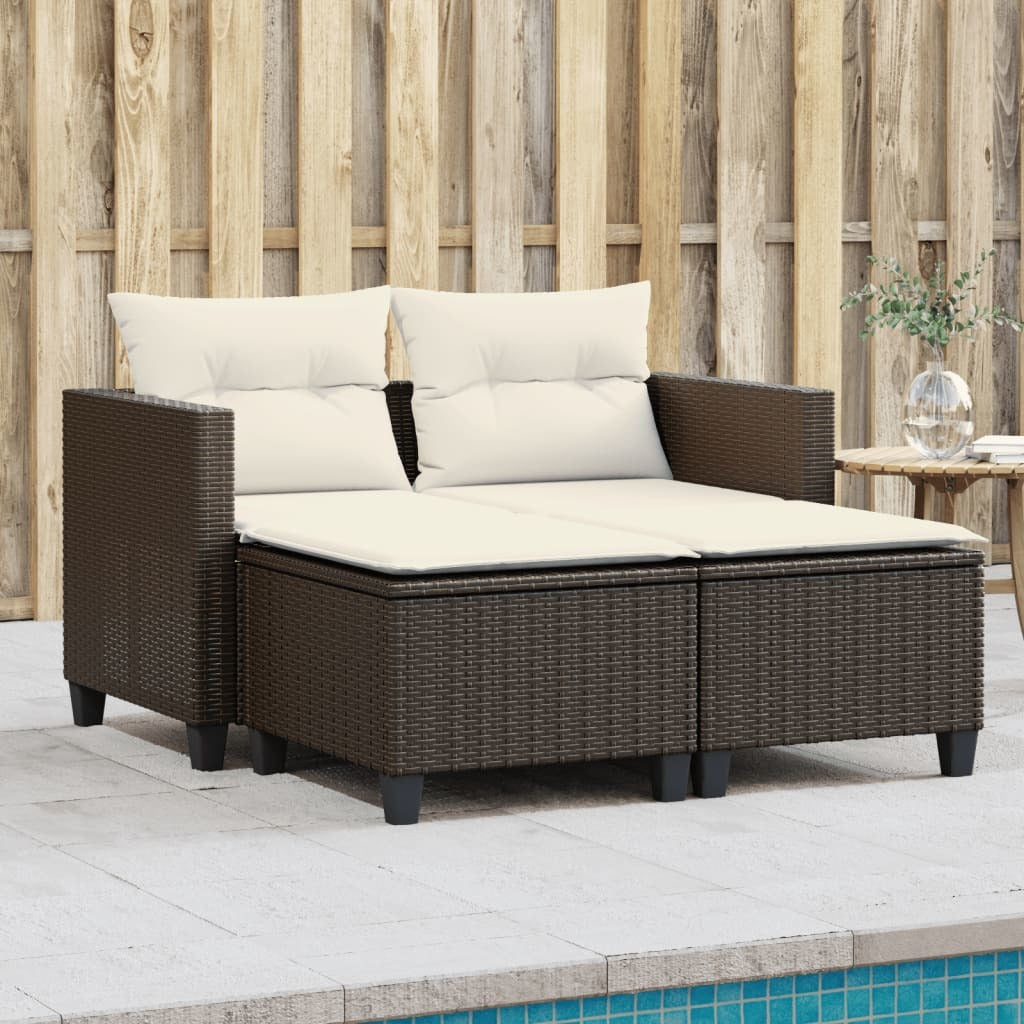 Patio Sofa 2-Seater with Stools Brown Poly Rattan