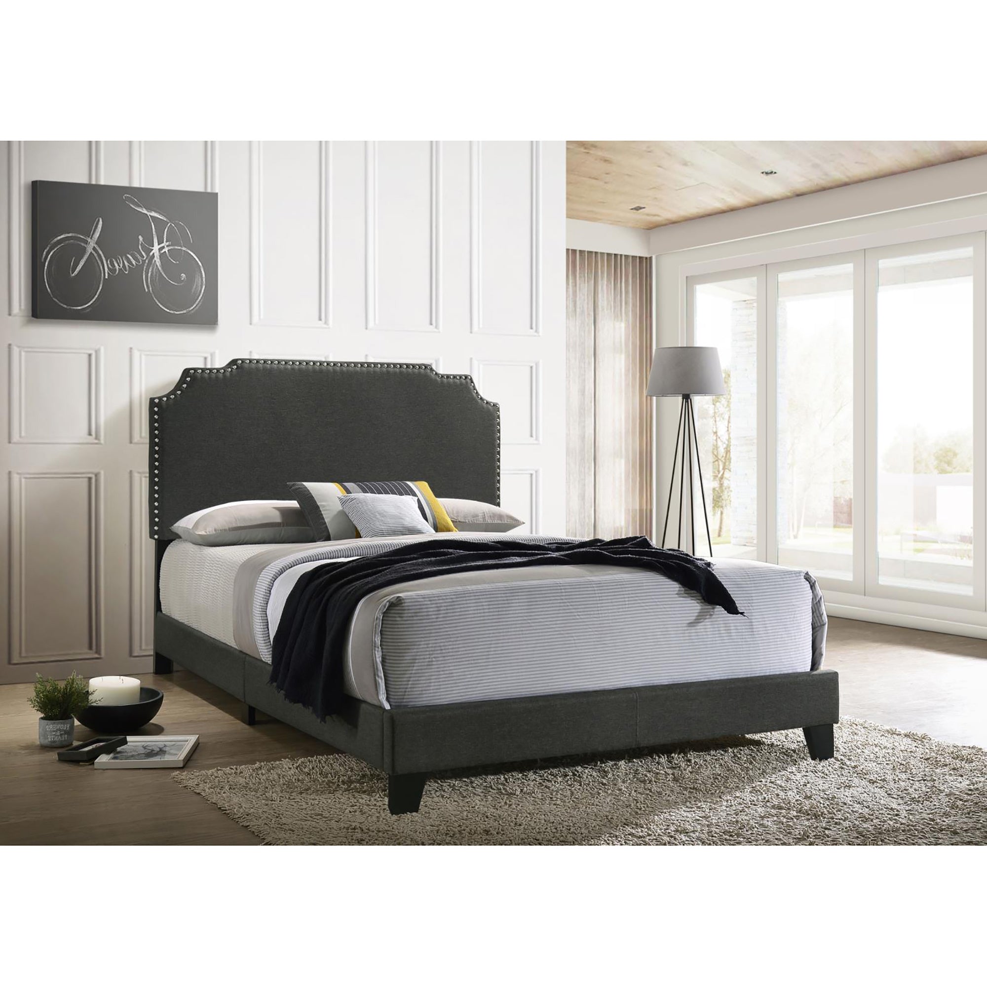 Grey Queen Panel Bed with Nailhead Trim