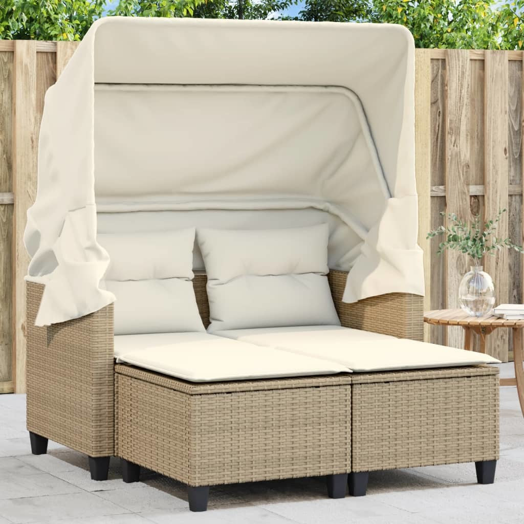 Patio Sofa 2-Seater with Canopy and Stools Beige Poly Rattan