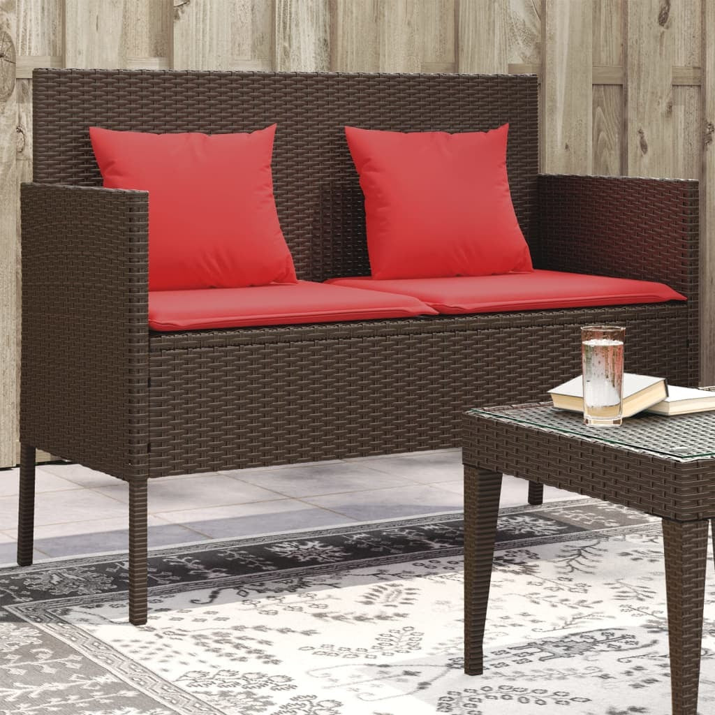 Patio Bench with Cushions Brown Poly Rattan