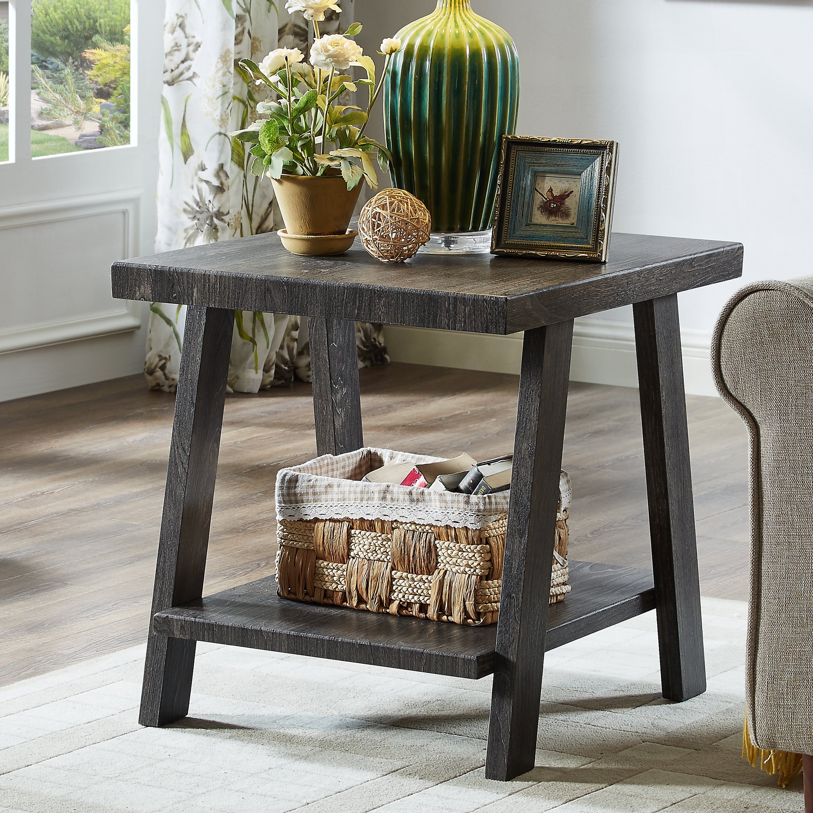 Athens Contemporary Replicated Wood Shelf End Table in Charcoal Finish