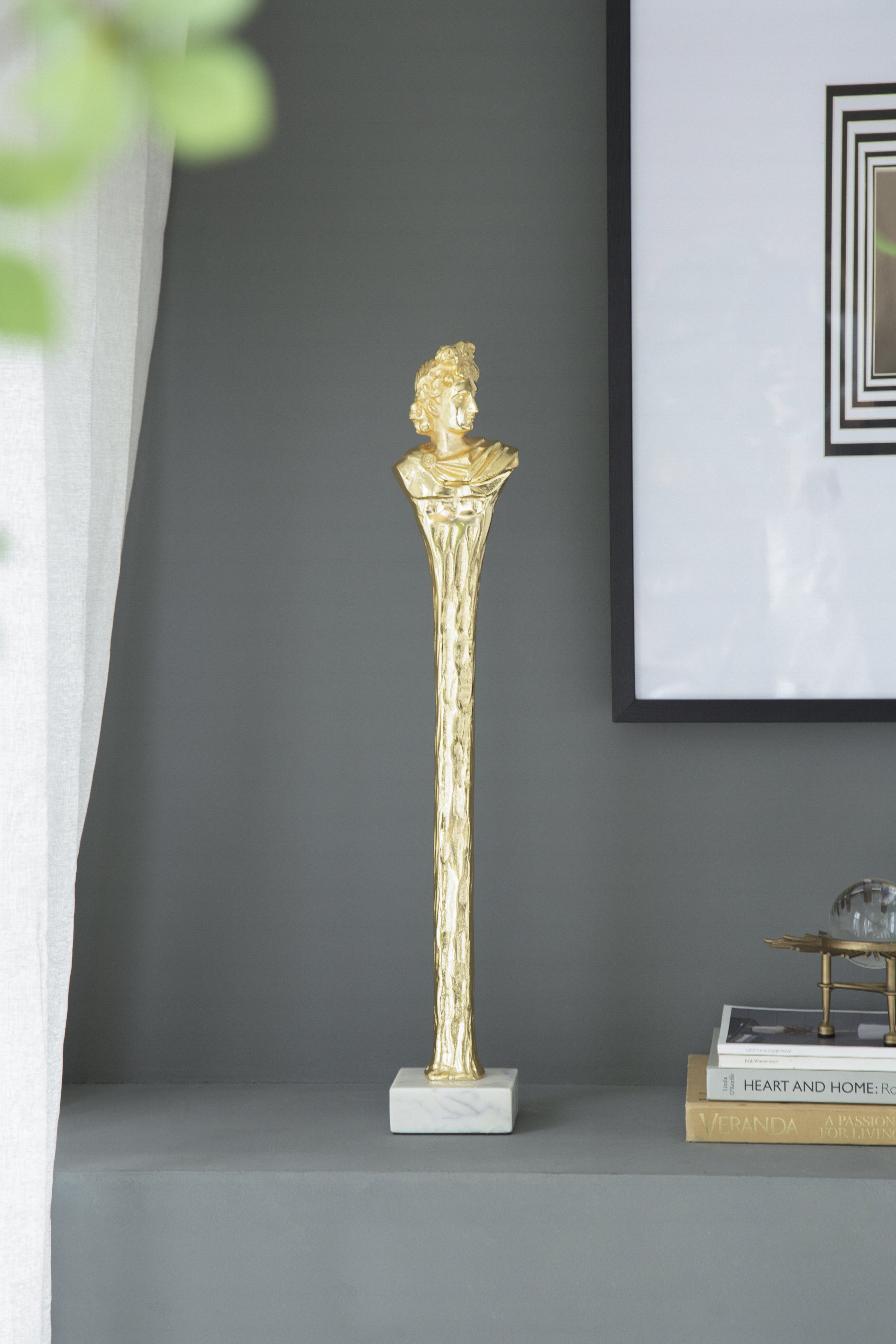 5.5x5.5x28" Elongated Gold Roman Statue on White Marble Base