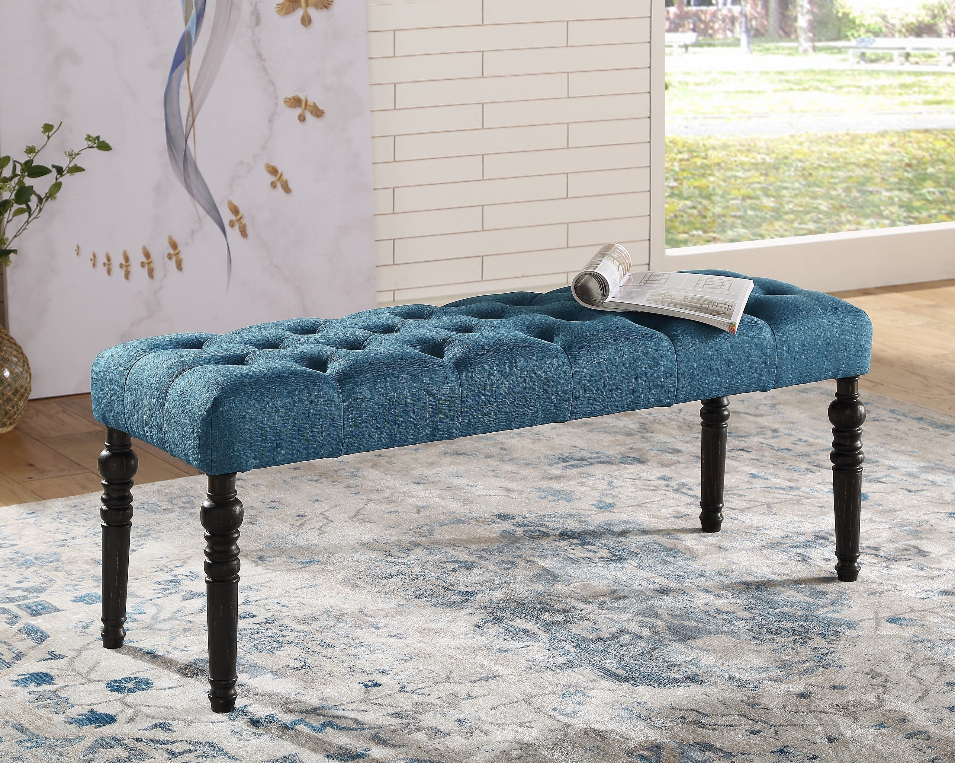 Leviton Fabric Tufted Turned Leg Dining Bench, Blue