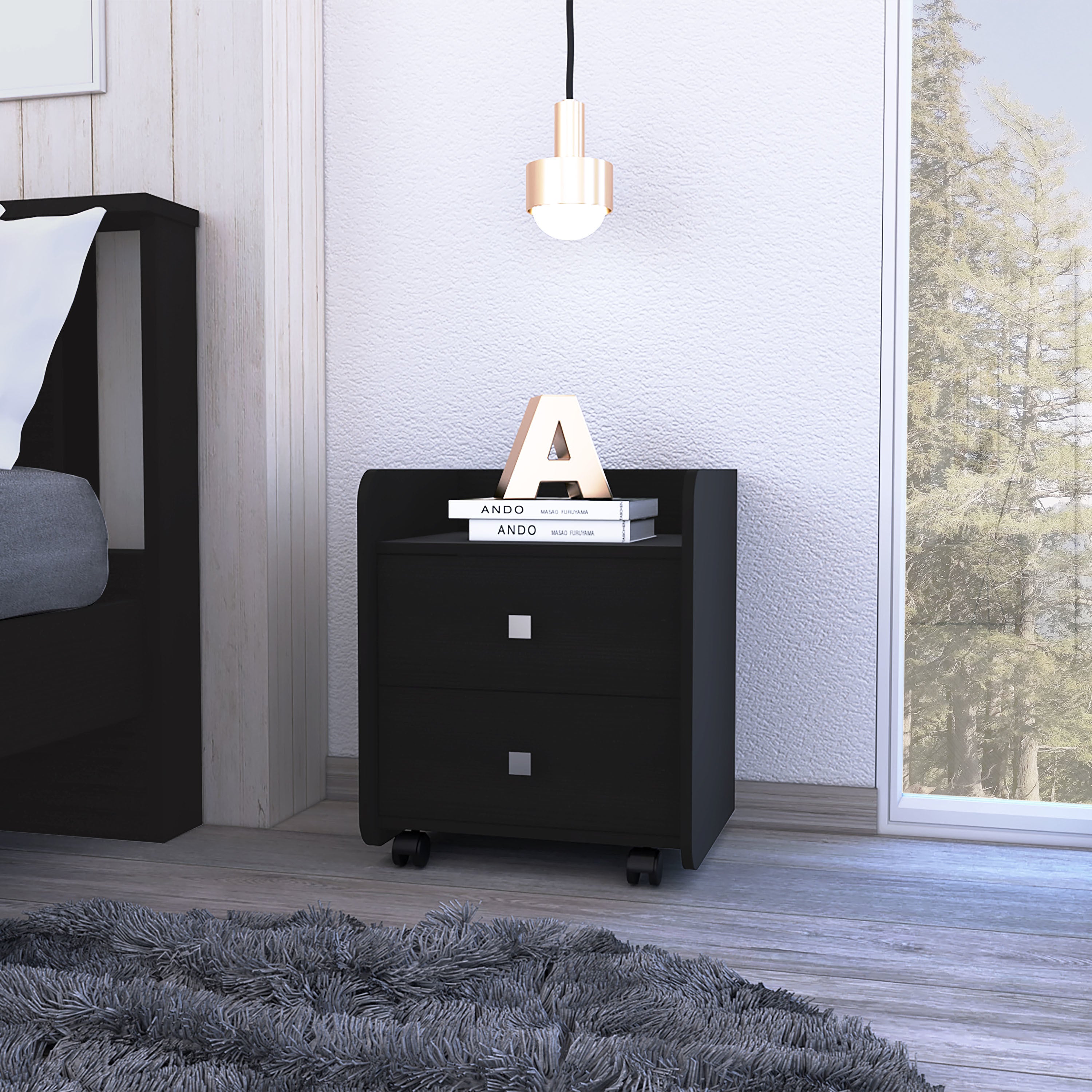 Modern and easy-to- install black bedside Nightstand with lower wheels for easy mobility, 2 drawers with 2 metal handles to open the storage and curved design on top.