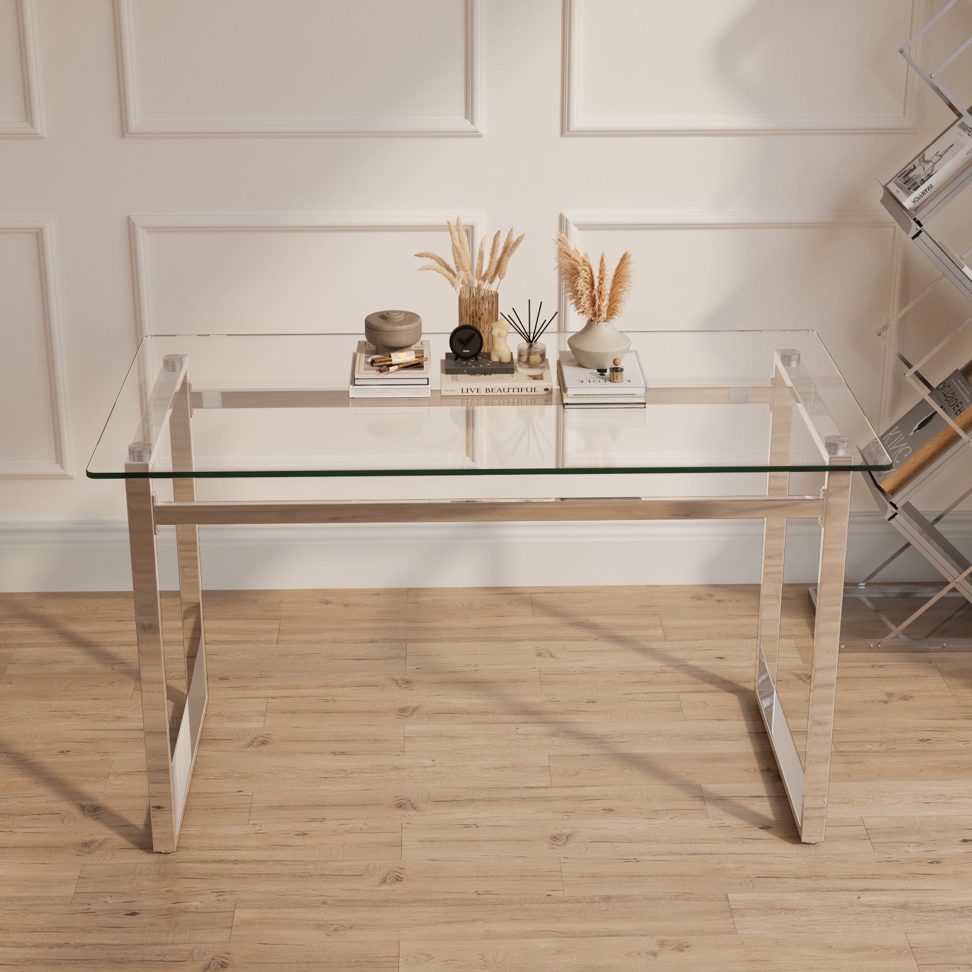 Modern Minimalist Rectangular Glass Dining Table for 4-6 with 0.31" Tempered Glass Tabletop and Silver Chrome Metal Legs, Writing Table Desk, for Kitchen Dining Living Room, 51" W x 27"D x 30" H