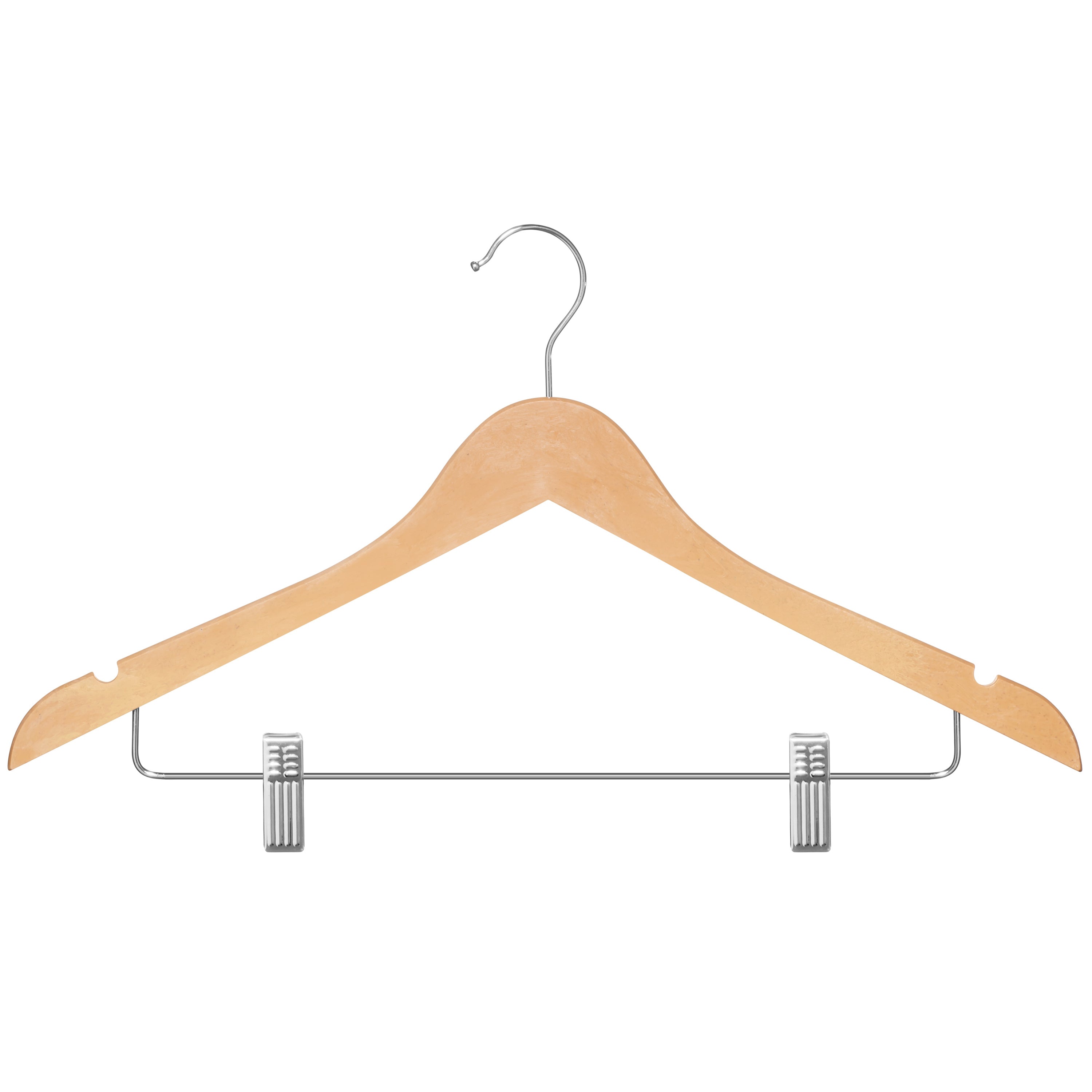 Eco-Friendly Clothes Hangers with Clips | Heavy Duty Wood Finish Hanger for Suits, Pants, and Skirts | Closet Space Saver with Shoulder Notch for Strappy Dresses