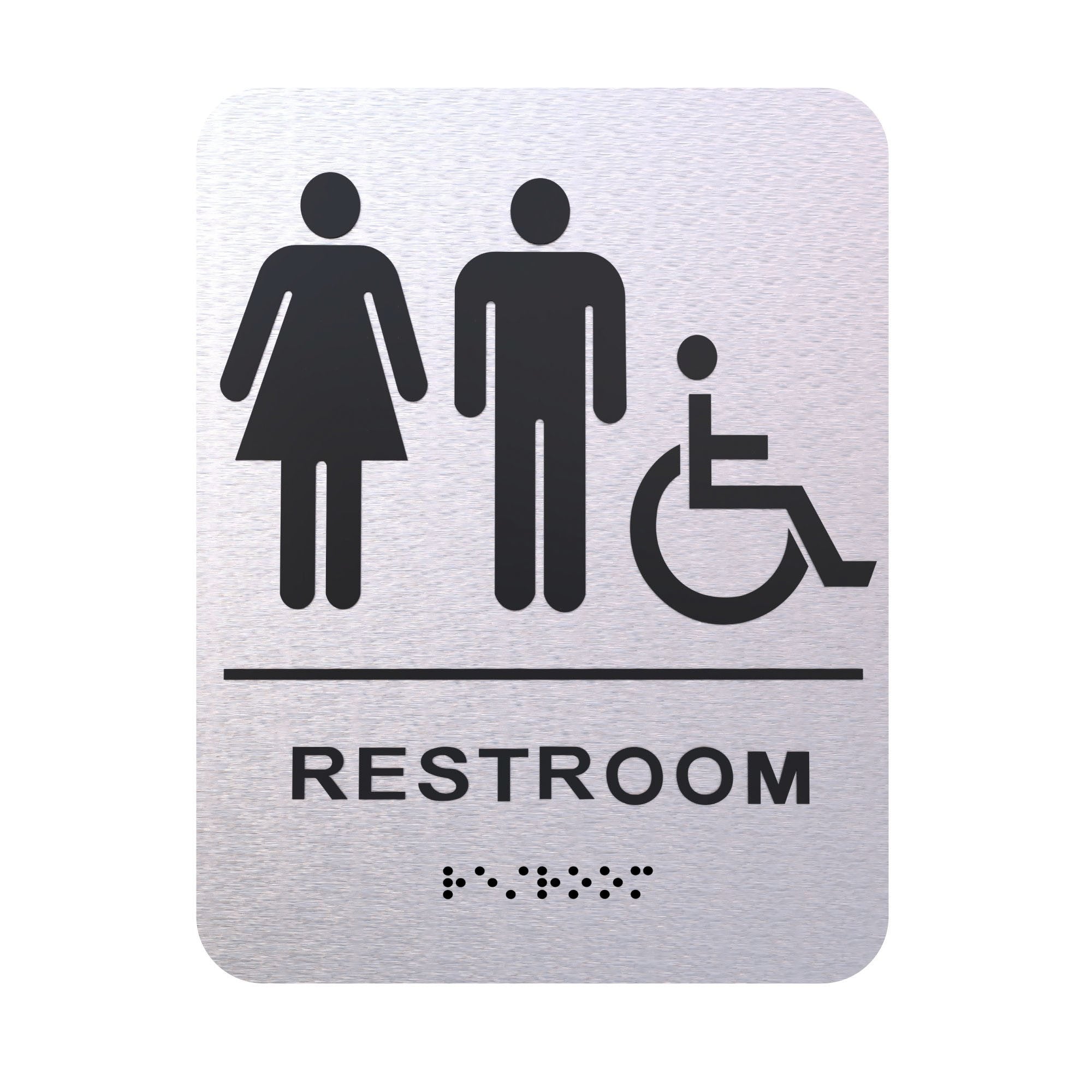 Bathroom Signs - Restroom Signs For Business By BlinkSigns - Brushed Aluminum ADA Compliant, Wheelchair/Handicap Accessible, Raised Icons, & Grade 2 Braille - Includes 3M VHB Adhesive Strips